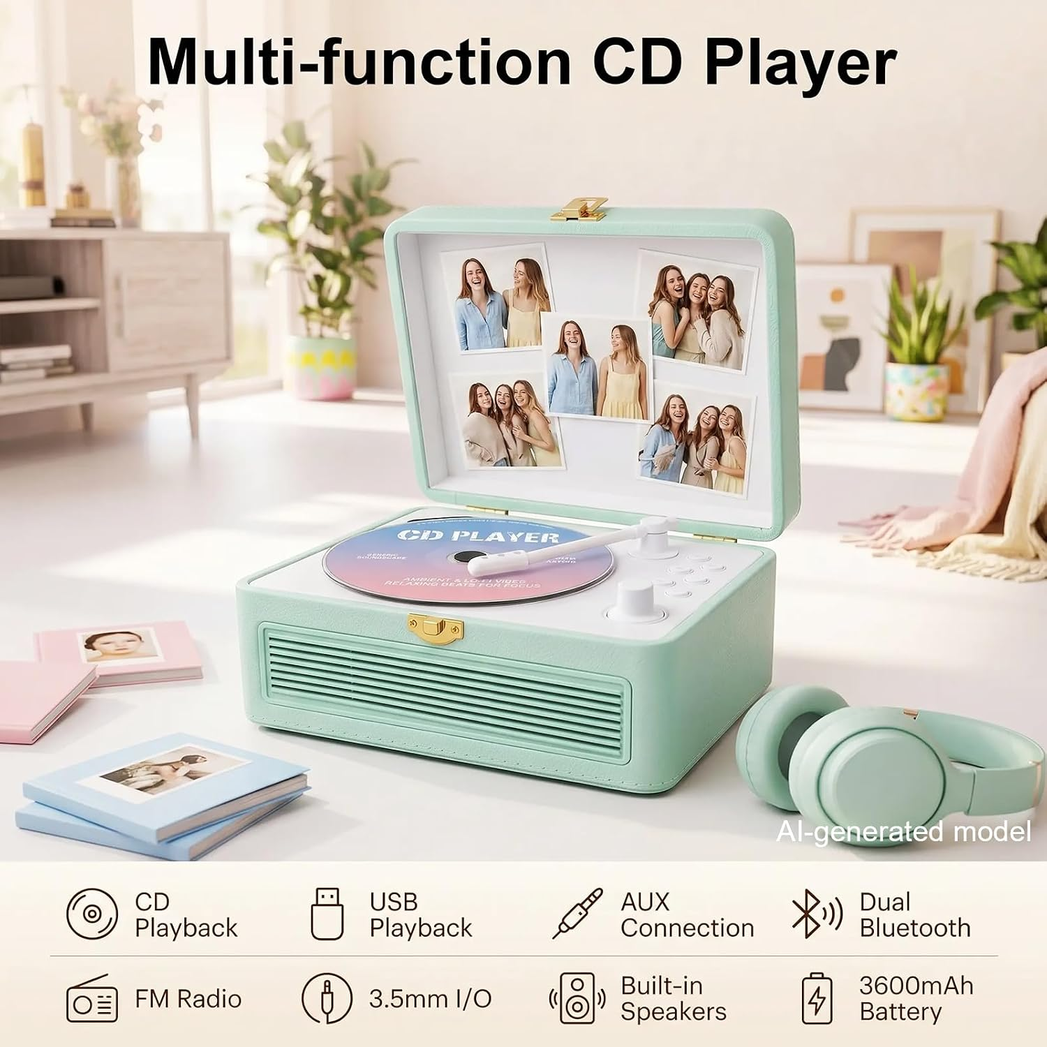 Ein mintgrüner multifunktionaler CD-Player im Kofferdesign mit Kopfhörern, Fotos und Symbolen für die Funktionen.