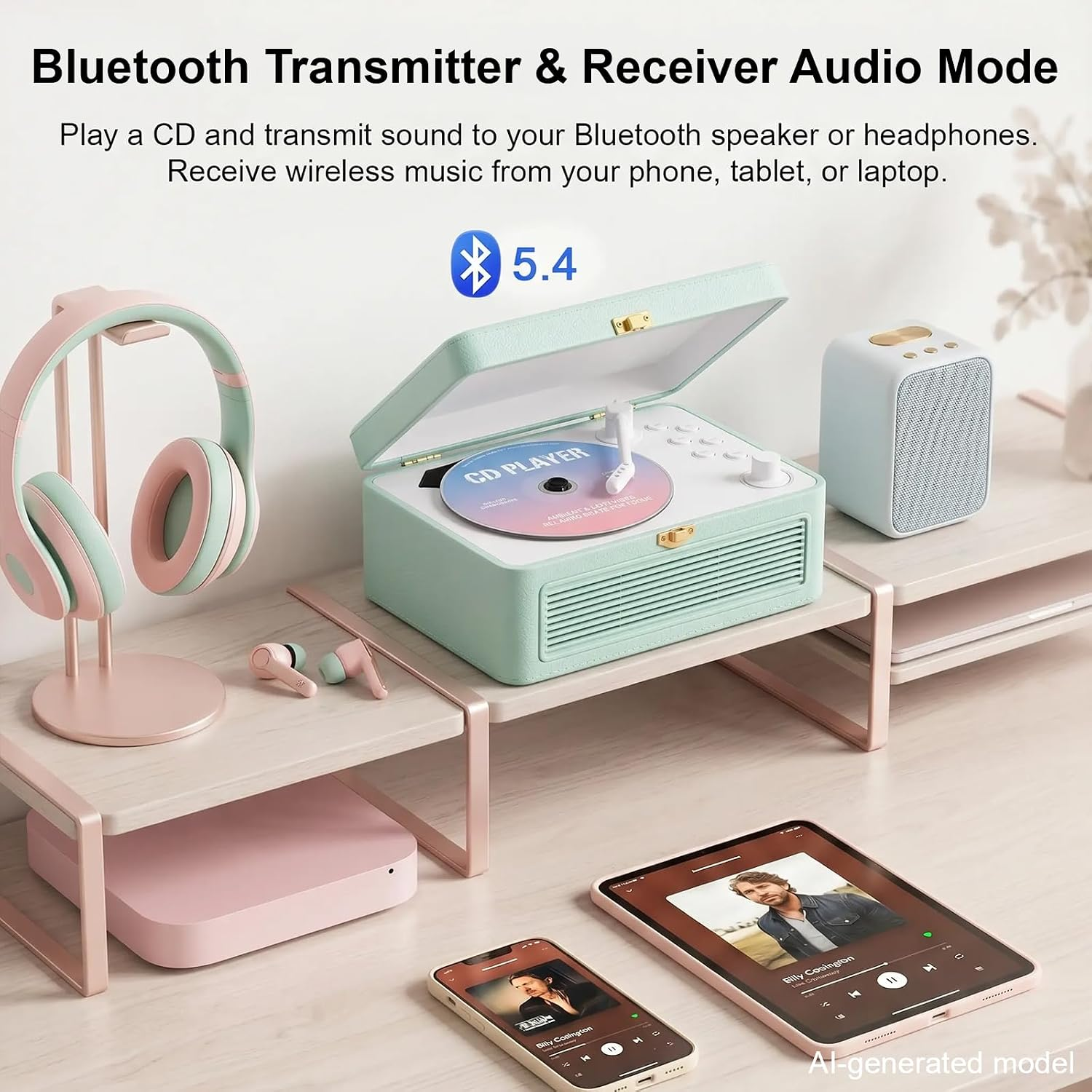 Pastellfarbener Bluetooth CD-Player mit Kopfhörern, Lautsprecher, Smartphone und Tablet auf einem Holztisch.