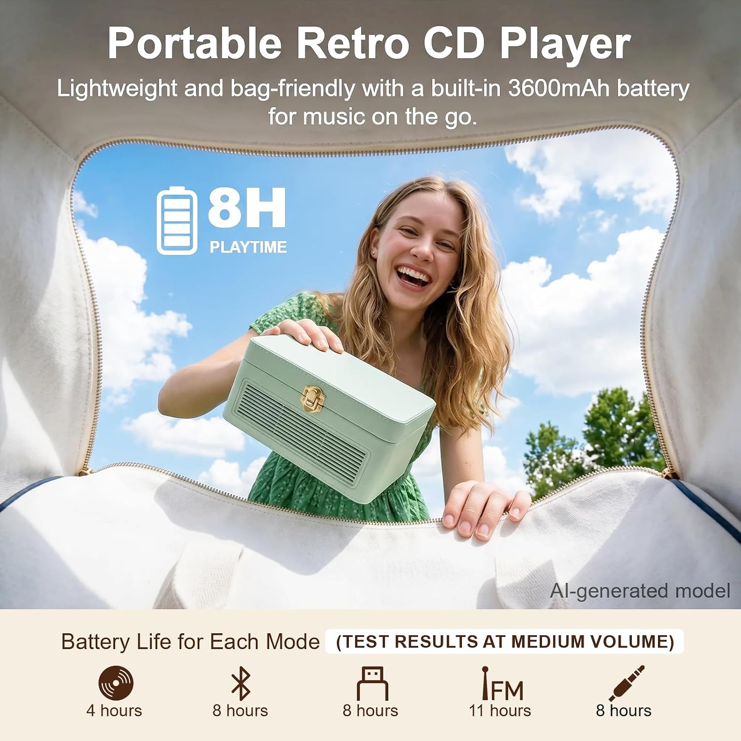 Glückliche Frau hält grünen CD-Player aus einer weißen Tasche vor blauem Himmel mit Wolken.