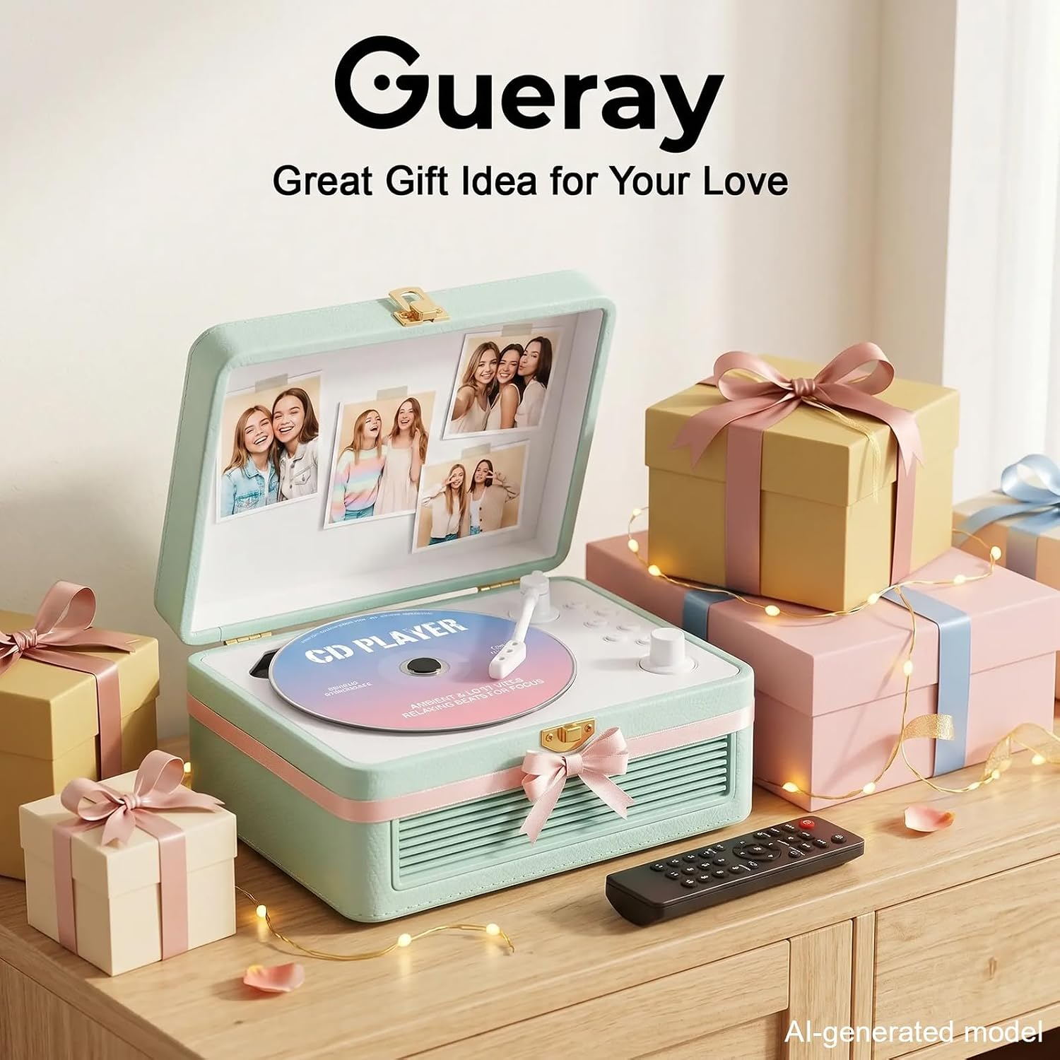 Mintgrüner CD-Player mit Geschenkboxen und Fotos auf einer Holztruhe.