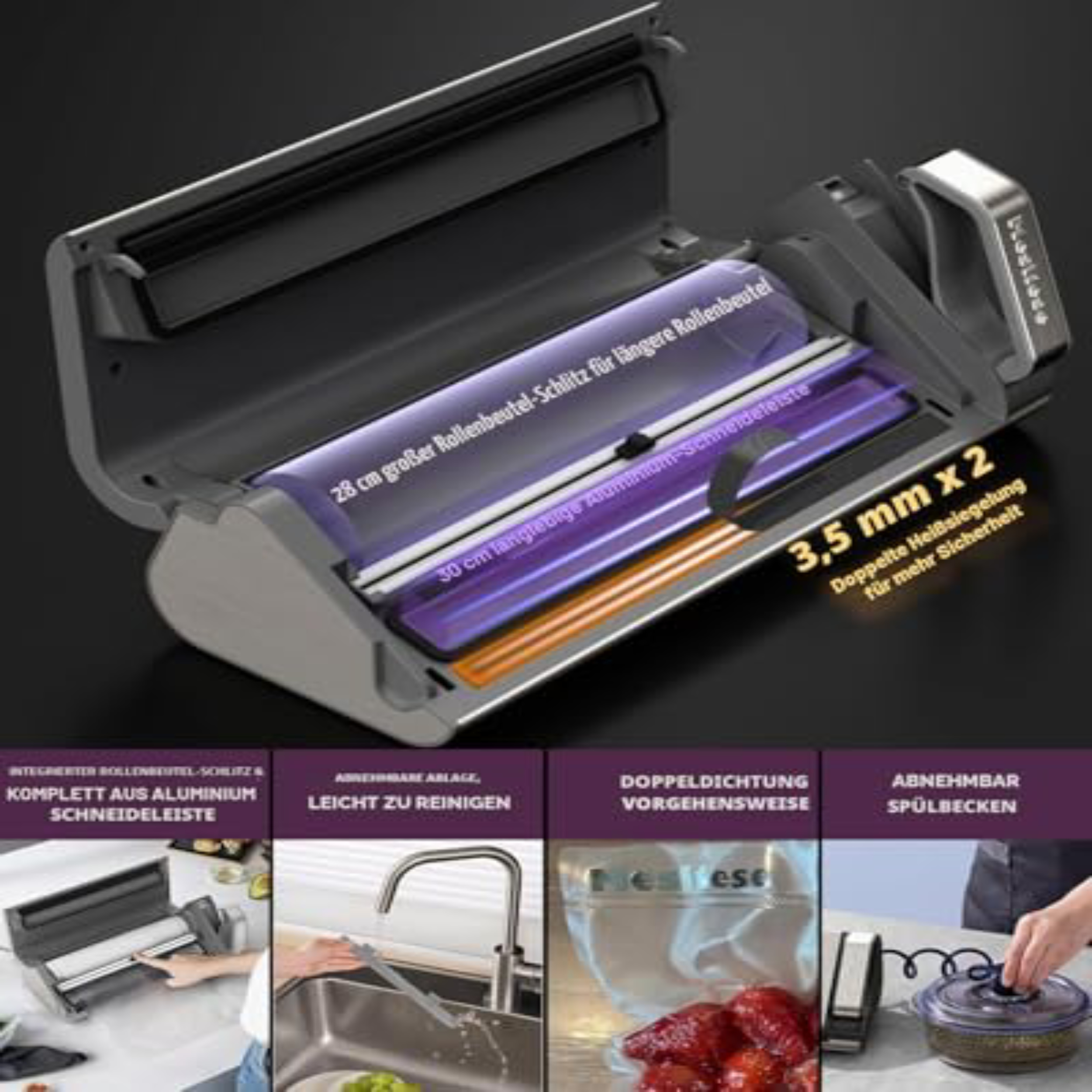 Vakuumierer mit offenem Deckel, integriertem Cutter und vier Produktfeatures unten.