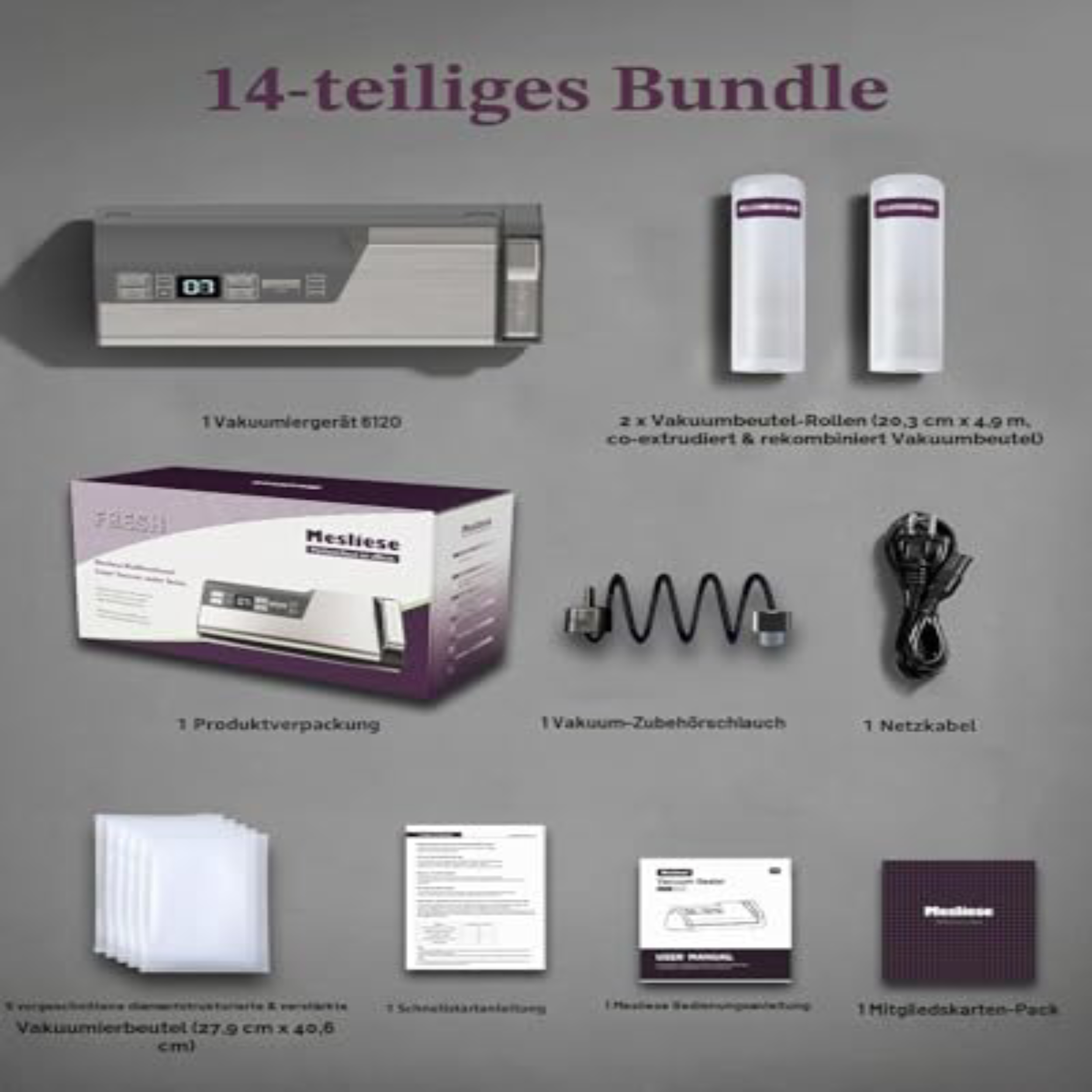 14-teiliges Vakuumierer-Bundle mit Gerät, Rollen, Schlauch, Kabel, Beuteln, Handbuch und Karten.