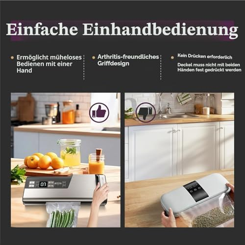 Werbebild für einfache Einhandbedienung eines Vakuumiergeräts mit Vor- und Nachteilen.