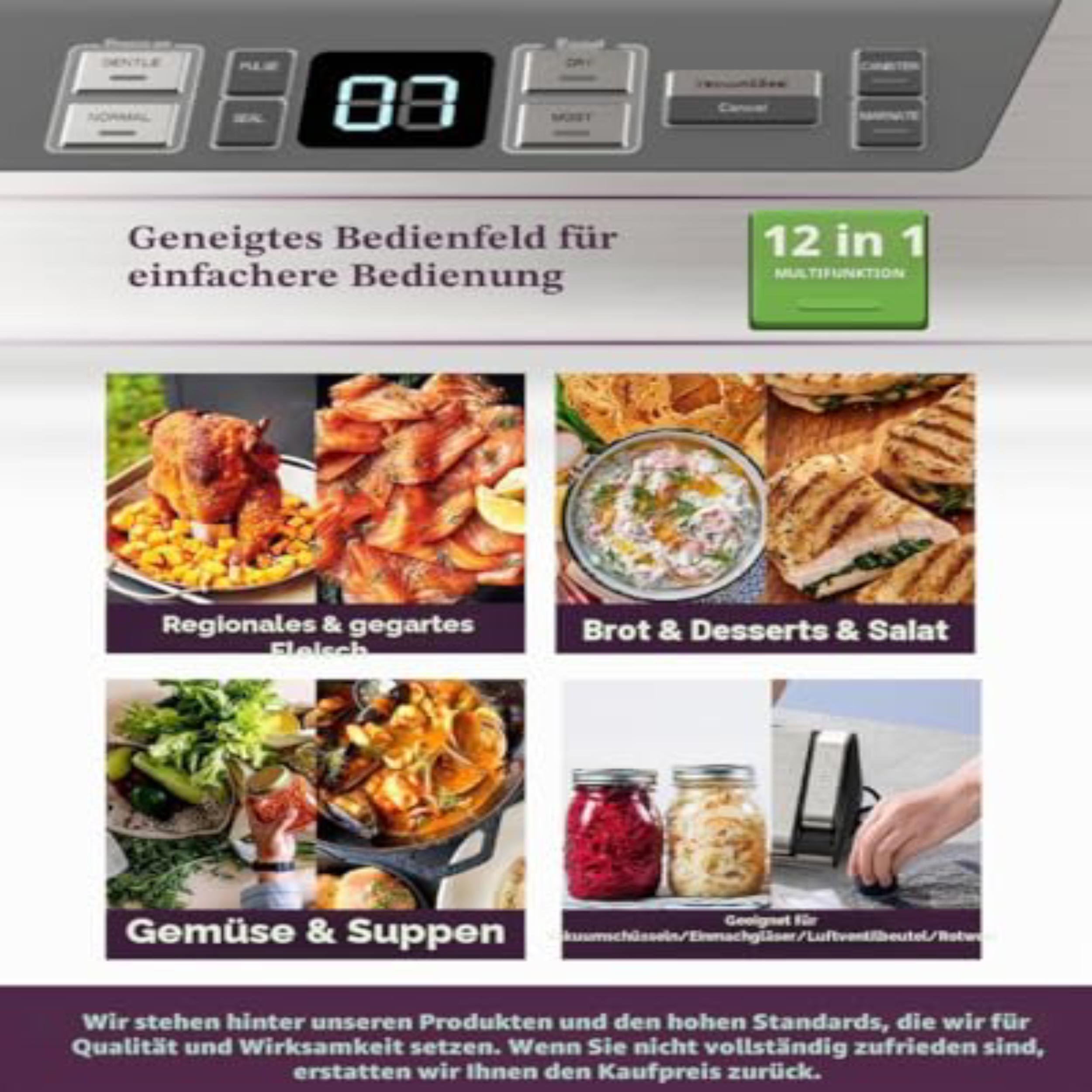 Bedienfeld eines Vakuumierers mit vier Bildern von Fleisch, Brot, Suppen und Gläsern, sowie deutscher Werbung.