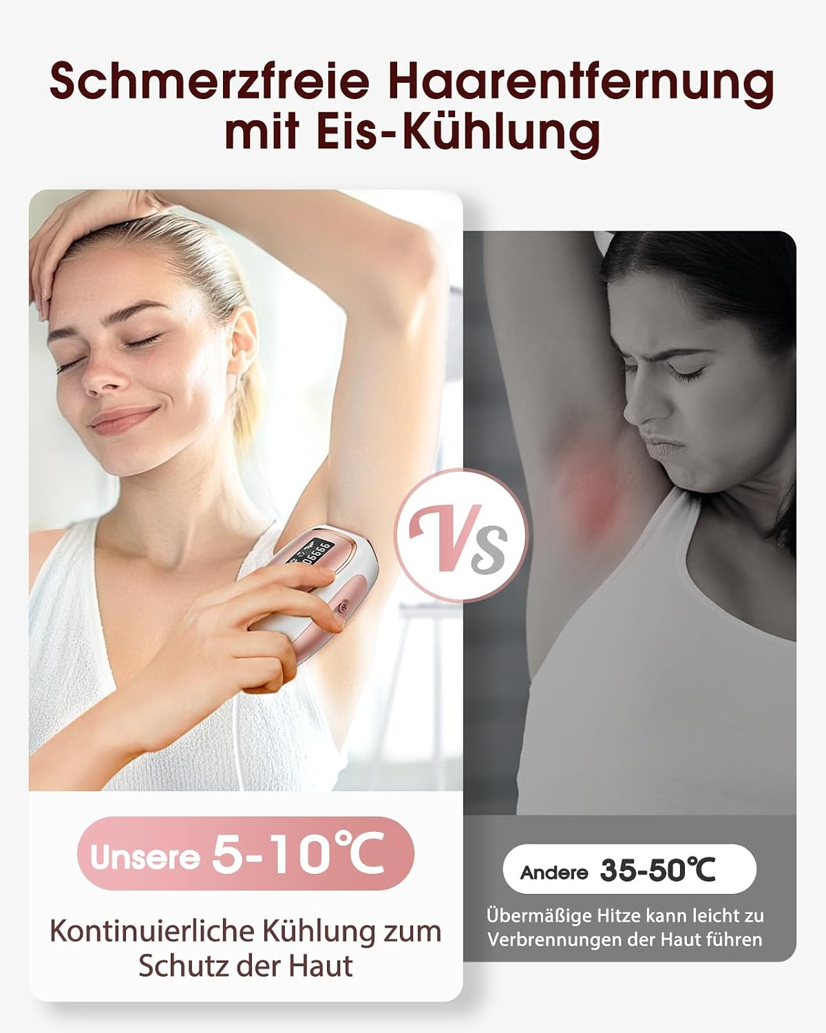 Vergleich: Kühlende Haarentfernung ist schmerzfrei, heiße Methode verursacht Rötungen und Verbrennungen.