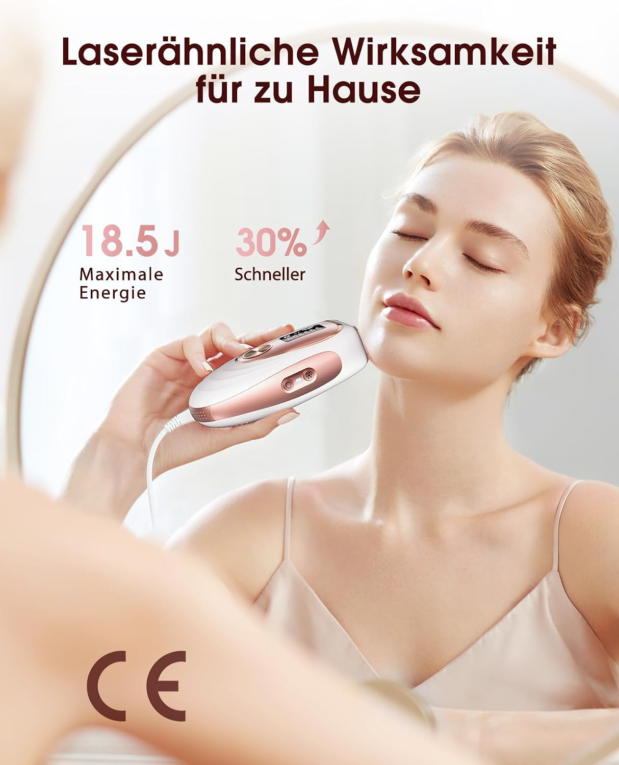 Frau verwendet weiß-roségoldenes IPL-Gerät an der Wange, mit Text und Infografiken.