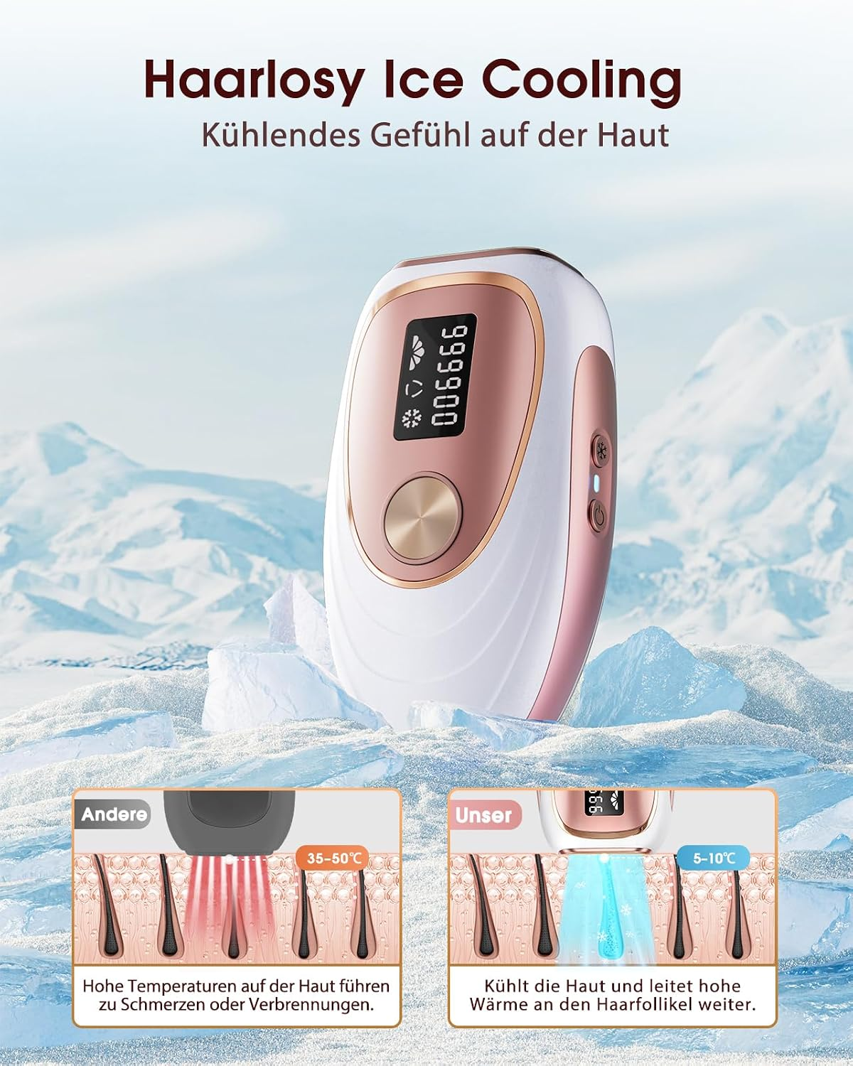 Haarlosy Enthaarungsgerät mit Eiskühlung vor einer schneebedeckten Berglandschaft mit Diagrammen.