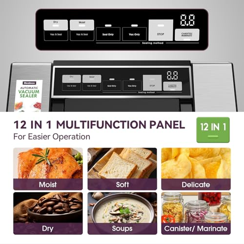 Ein 12-in-1-Multifunktions-Vakuumierer mit Bedienfeld und Nahrungsmitteln wie Hähnchen, Brot und Suppe.