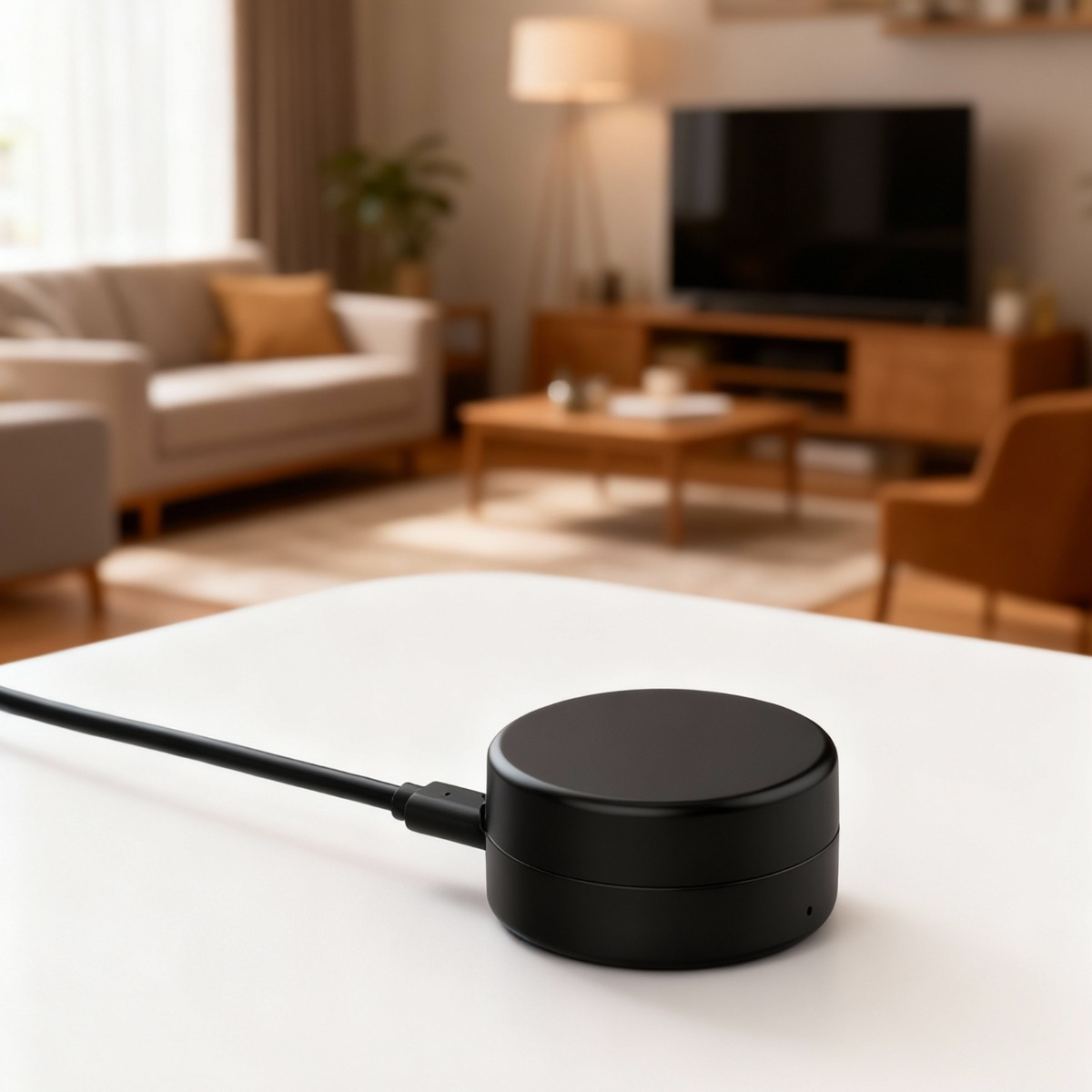 Ein schwarzes rundes Smart-Gerät mit Kabel auf einem weißem Tisch im verschwommenen Wohnzimmer.