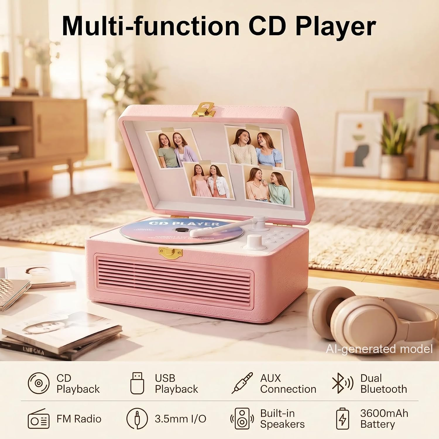 Ein rosa CD-Player im Vintage-Stil auf einem Tisch mit Fotos im Deckel, Text und Funktionssymbolen unten.