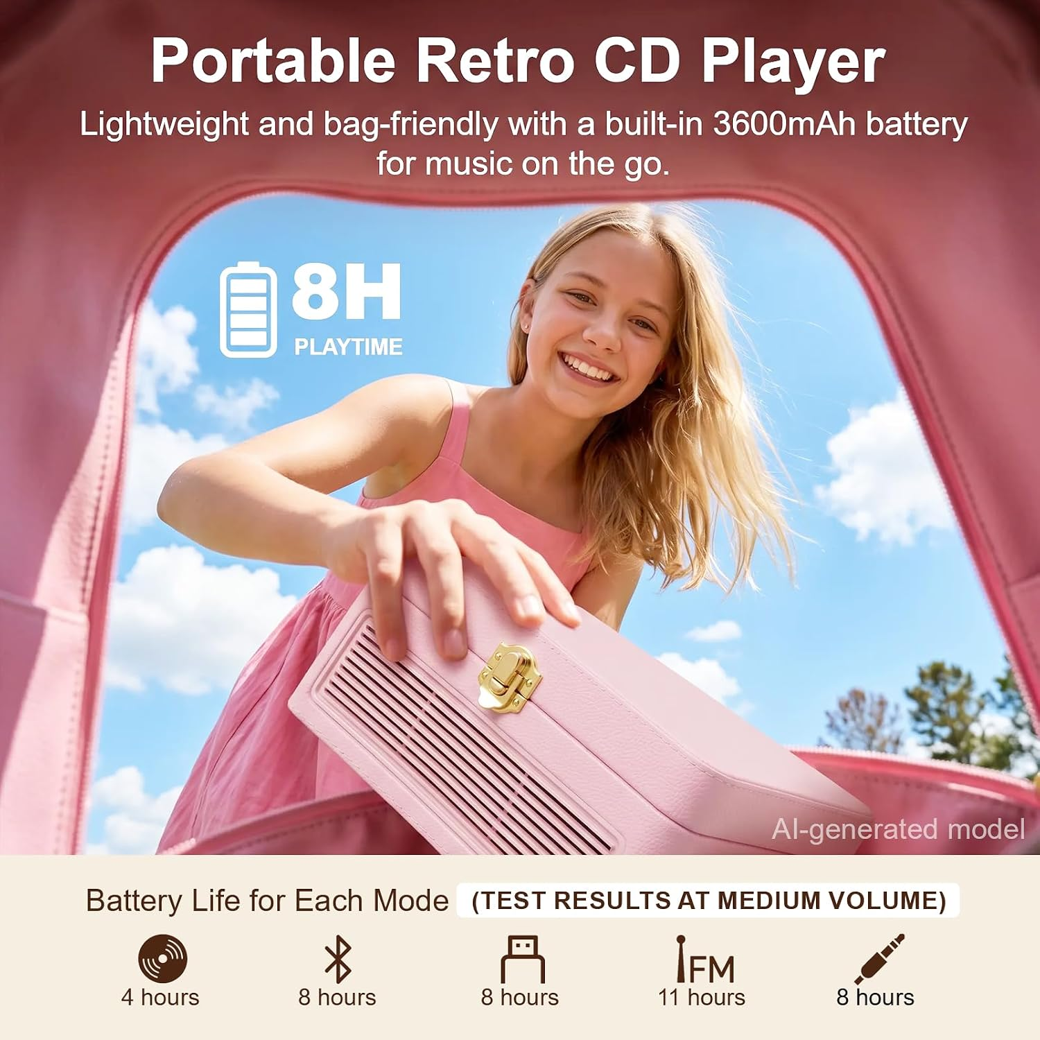 Ein blondes Mädchen in einem rosa Kleid lächelt, während sie einen tragbaren rosa CD-Player in eine Tasche legt.
