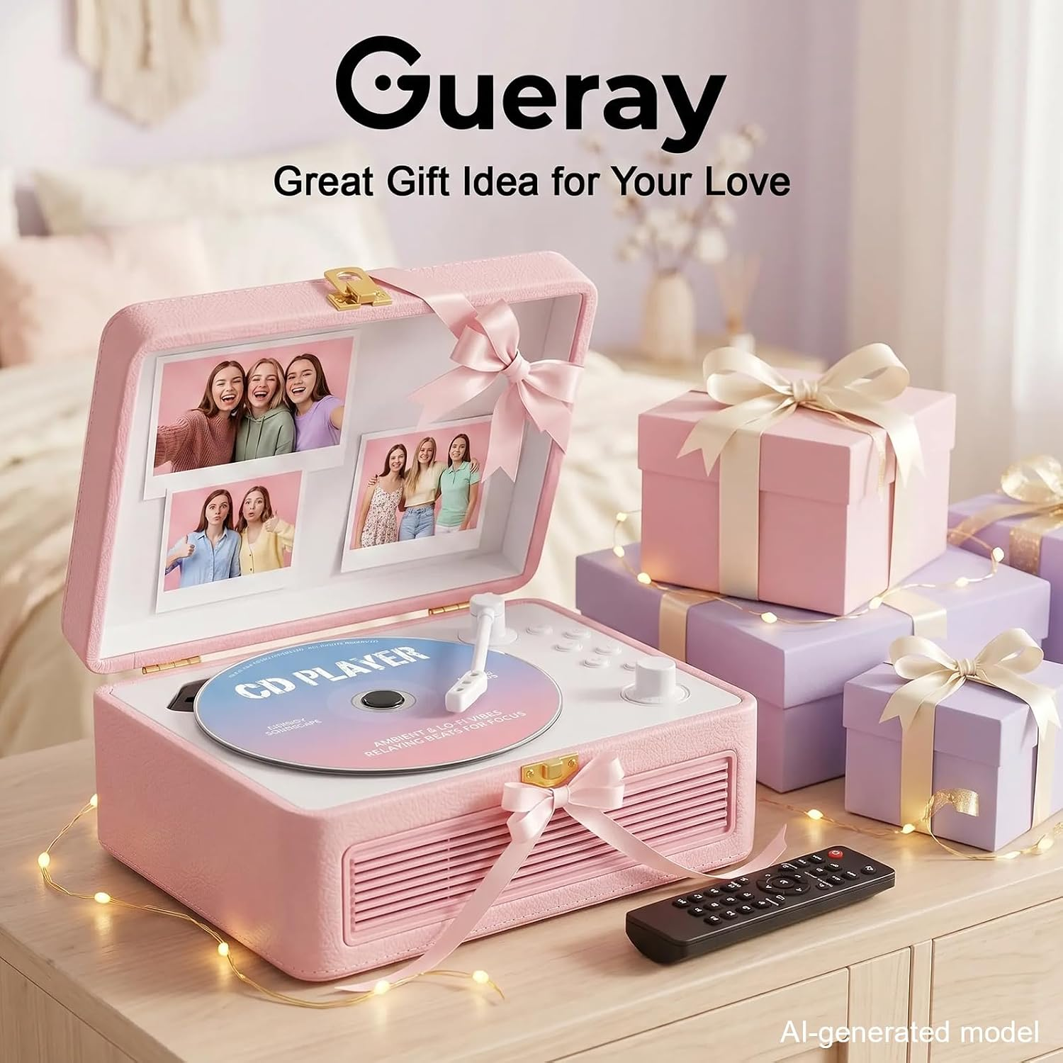 Rosa Gueray CD-Player im Retro-Plattenspieler-Stil, mit Fotos im Deckel und verpackten Geschenken.
