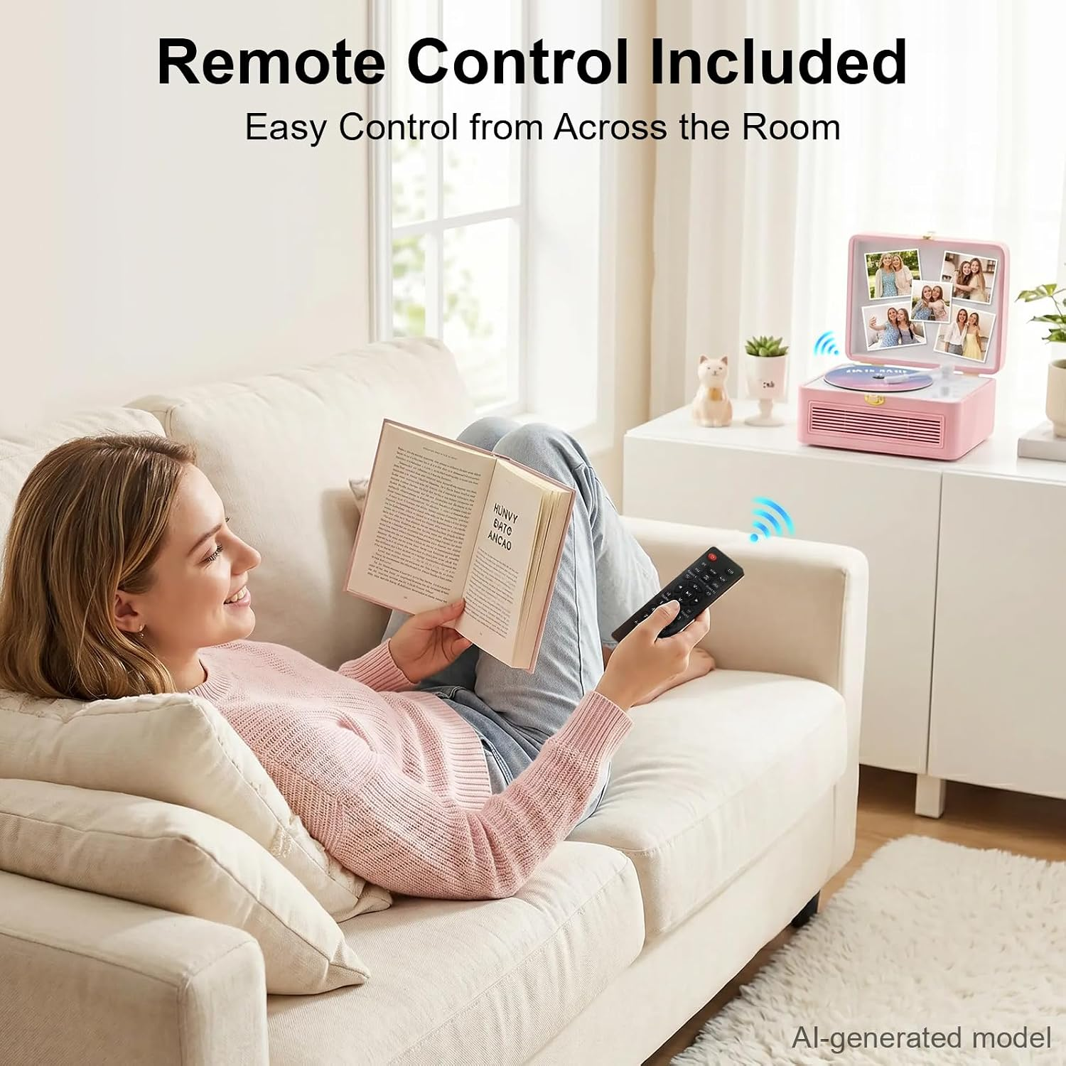 Eine blonde Frau sitzt auf einer weißen Couch, liest ein Buch und bedient eine Fernbedienung für einen rosa Plattenspieler.