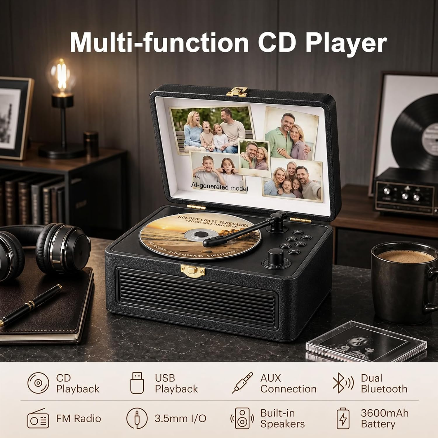 Ein schwarzer, multifunktionaler CD-Player im Vintage-Koffer-Stil mit Familienfotos auf dem Deckel.