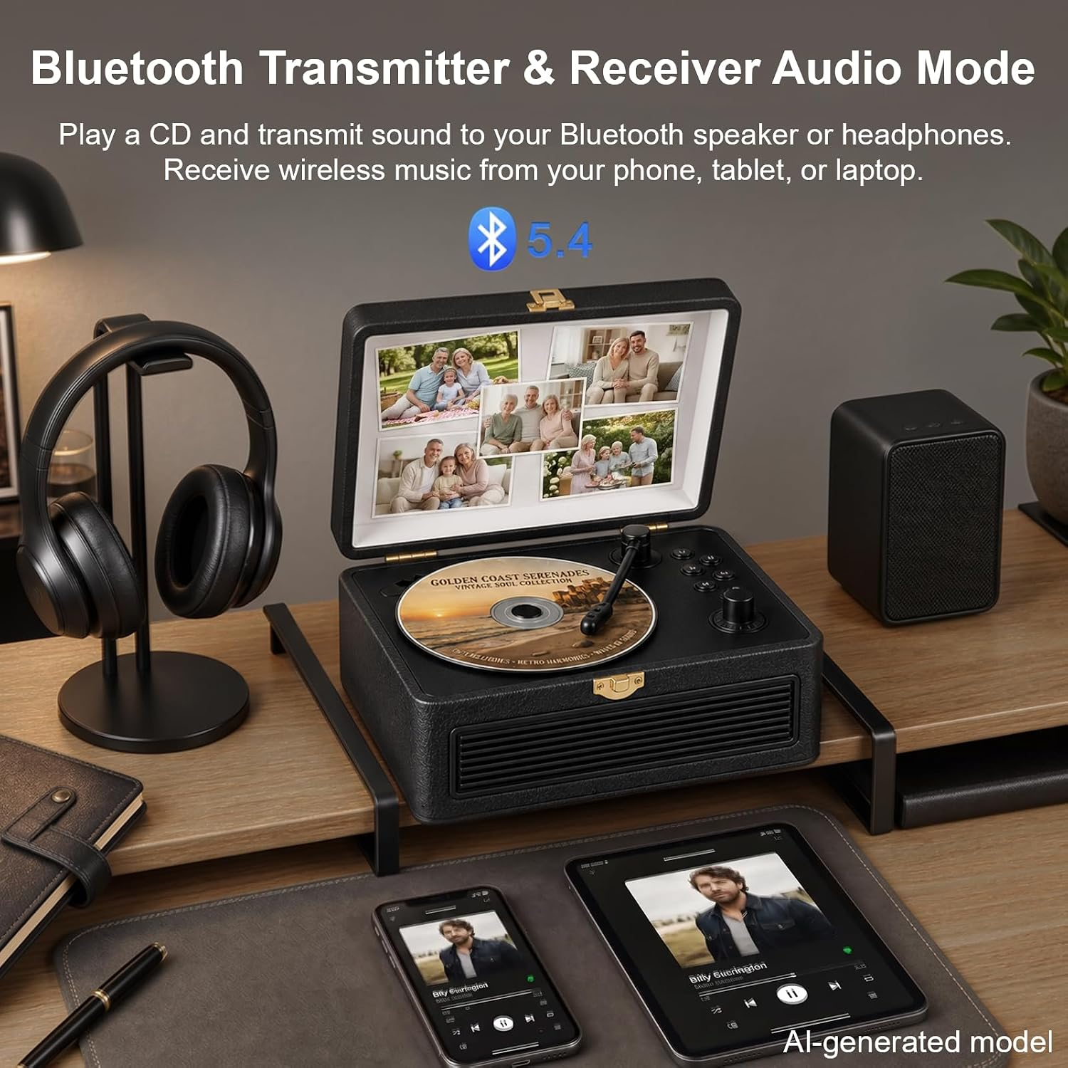 Schwarzer Retro-CD-Player mit Bluetooth-Funktion, Kopfhörern, Lautsprecher und Mobilgeräten auf einem Schreibtisch.