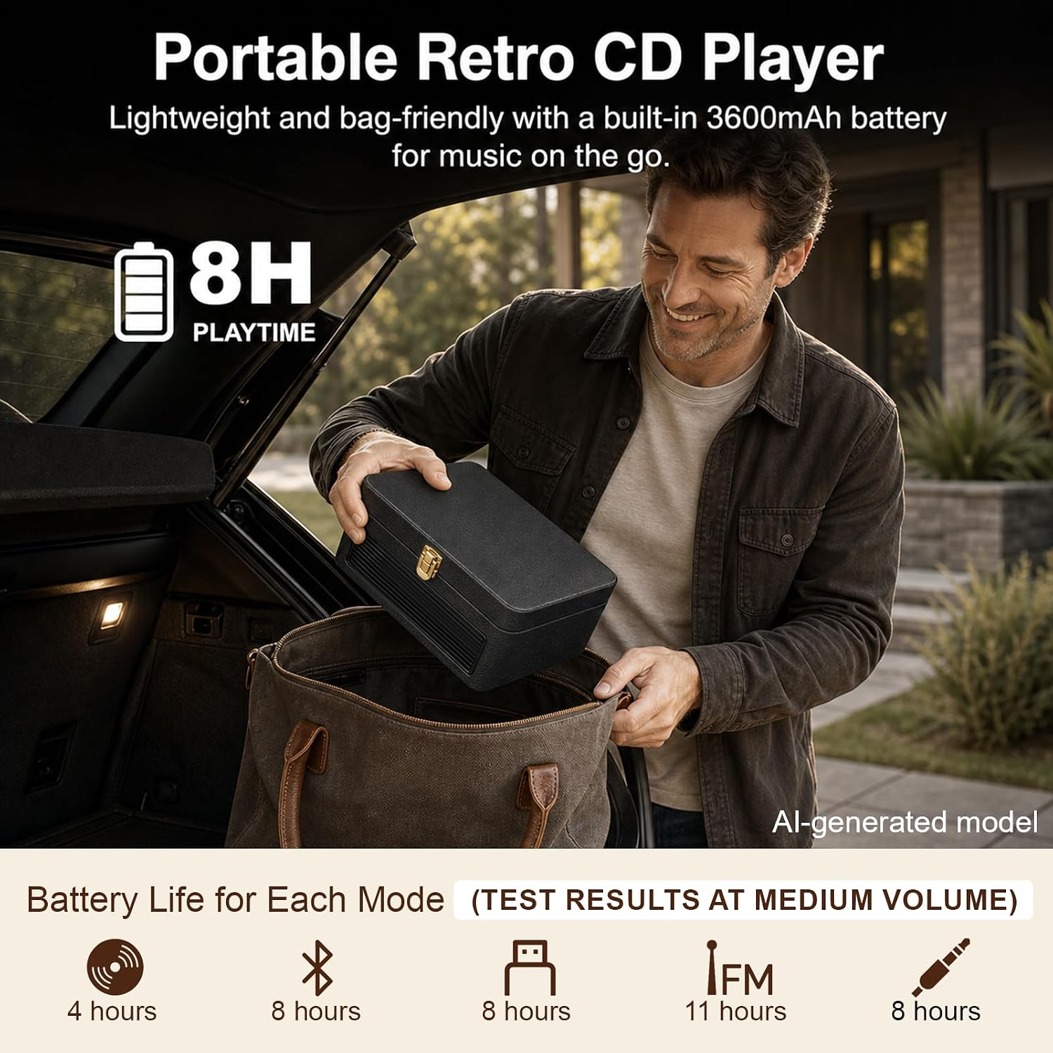 Ein lächelnder Mann legt einen schwarzen Retro-CD-Player in eine Tasche am Kofferraum eines Autos.