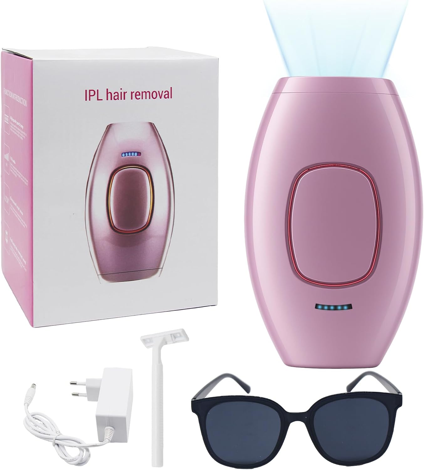 Rosa IPL-Haarentfernungsgerät mit Verpackung, Netzteil, Rasierer und schwarzer Brille.