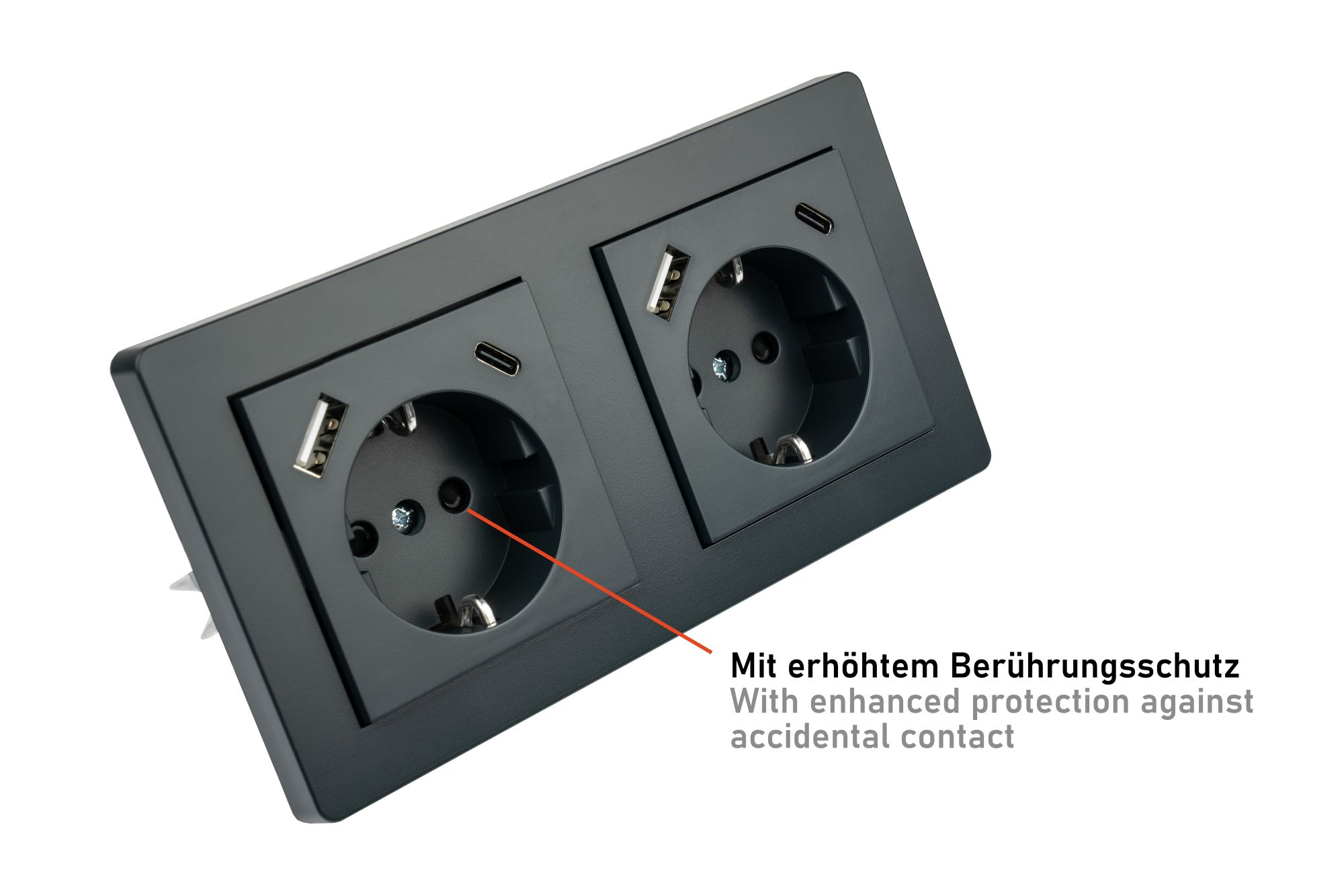 Schwarze Doppelsteckdose mit USB-Anschlüssen und erhöhtem Berührungsschutz.