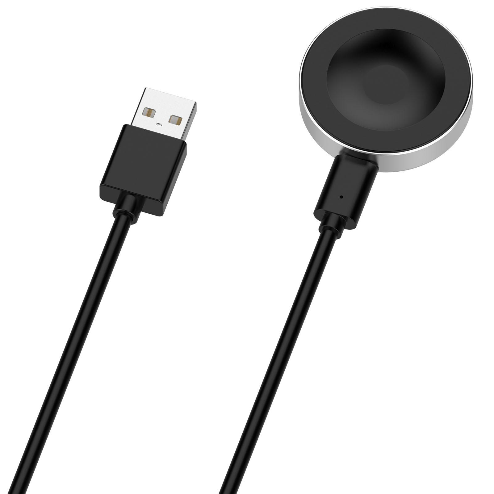 Ein schwarzes Ladekabel mit einem USB-A-Stecker und einer runden magnetischen Ladefläche auf weißem Hintergrund.