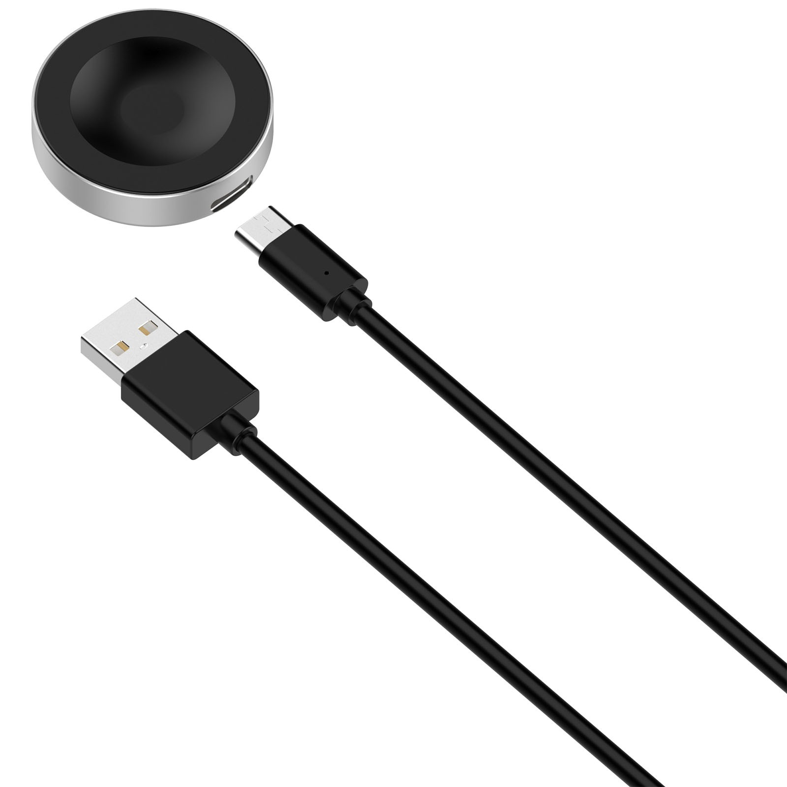 Eine runde silber-schwarze Smartwatch-Ladestation mit einem USB-C-Kabel auf weißem Hintergrund.