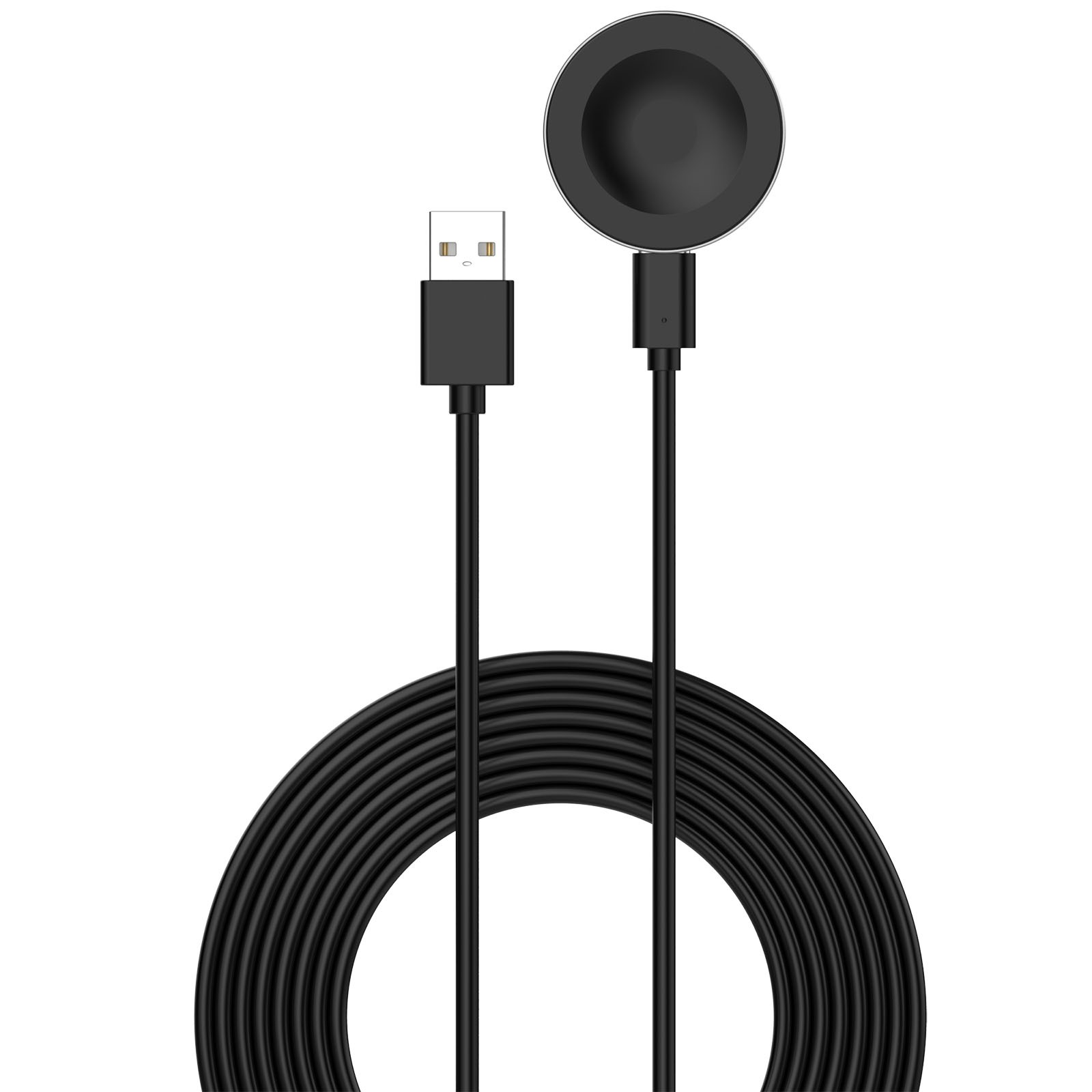 Ein schwarzes Smartwatch-Ladekabel mit USB-Anschluss und runder magnetischer Ladefläche auf weißem Hintergrund.