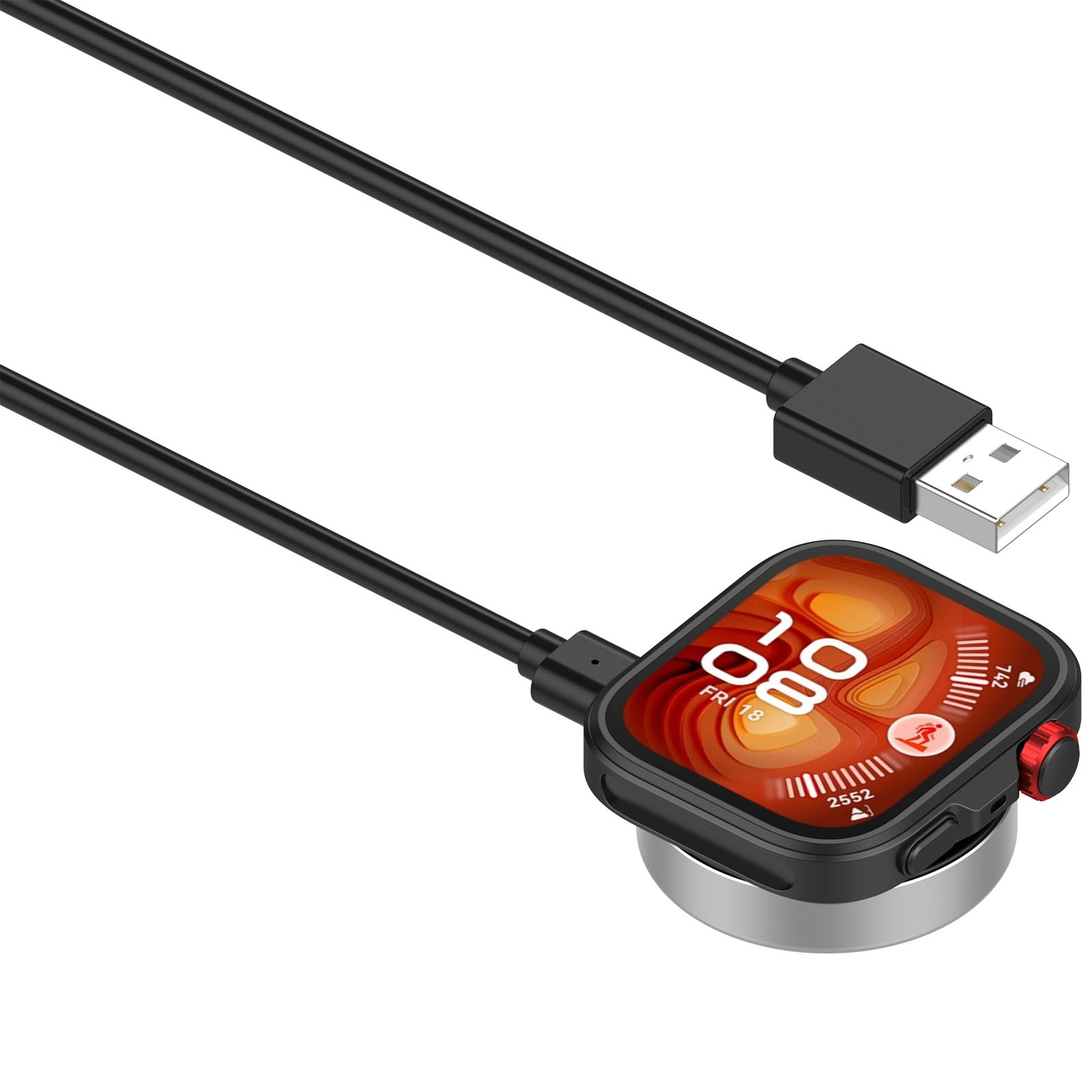 Eine rechteckige Smartwatch mit schwarzem Gehäuse und roter Krone wird mit einem USB-Kabel aufgeladen.