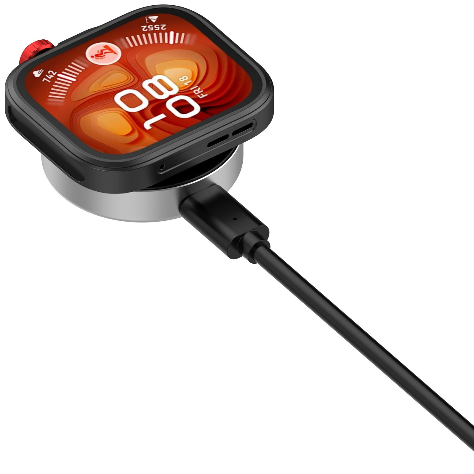 Eine schwarze Smartwatch in Schutzhülle lädt auf einem runden magnetischen Lader mit schwarzem Kabel.