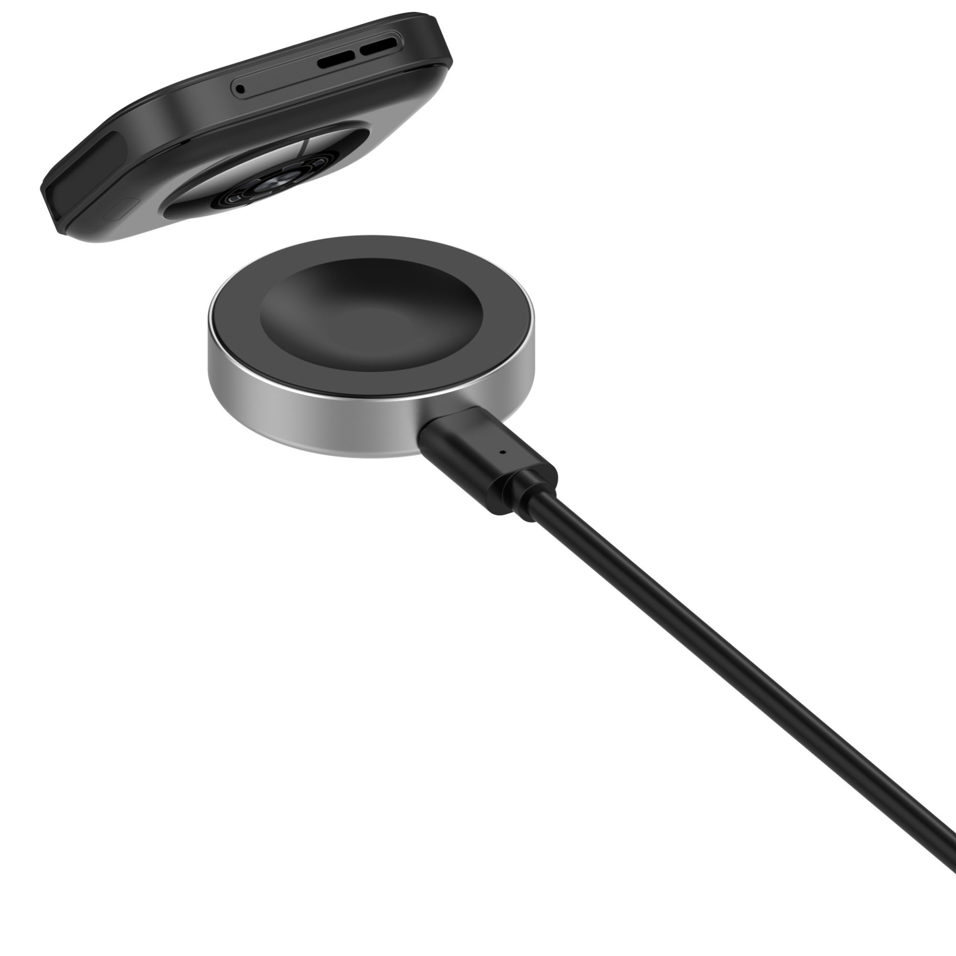 Eine schwarze Smartwatch schwebt über einem runden silbernen Ladegerät mit angeschlossenem Kabel.