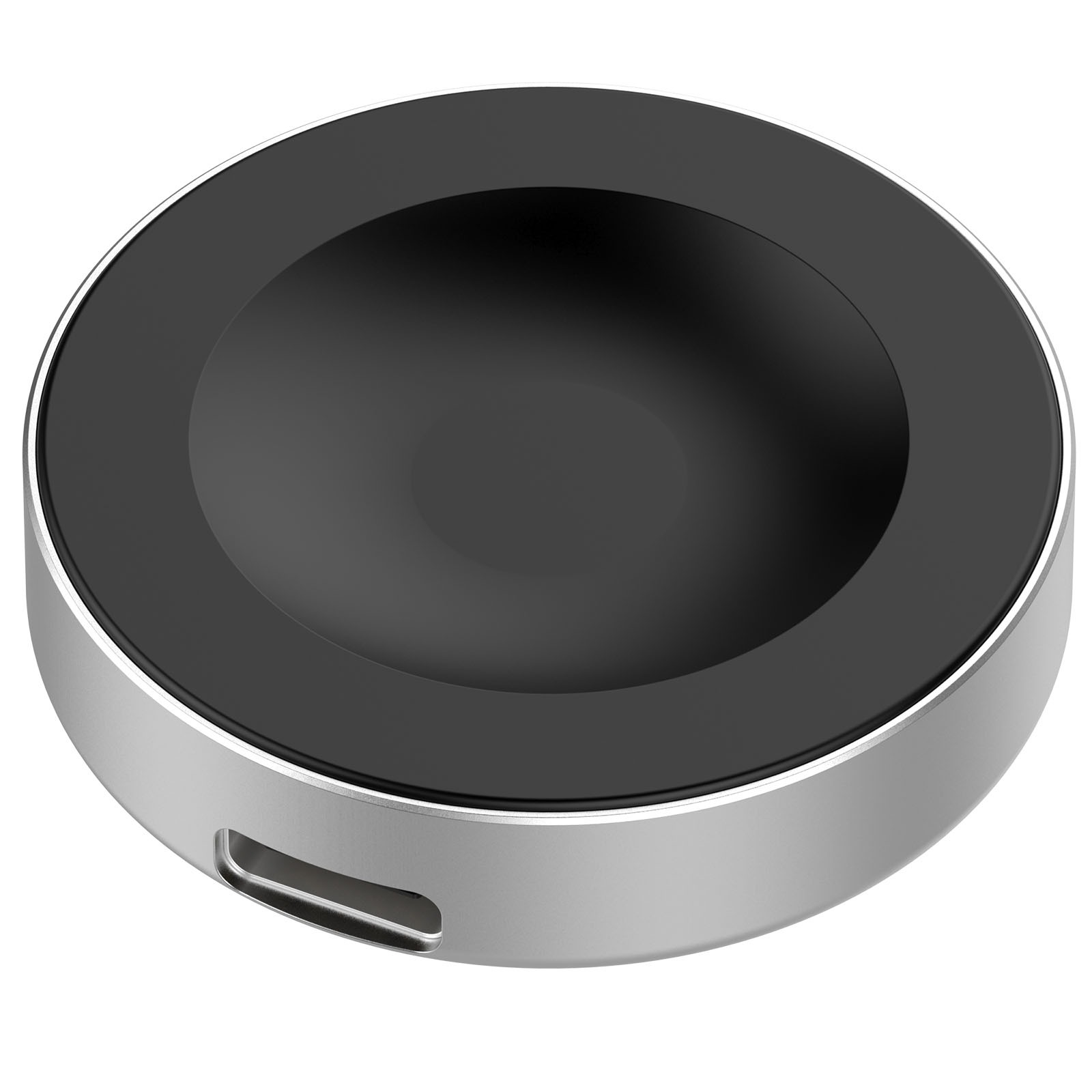 Ein runder, silberner Ladepuck mit schwarzem, konkavem Zentrum und USB-C-Anschluss an der Seite.