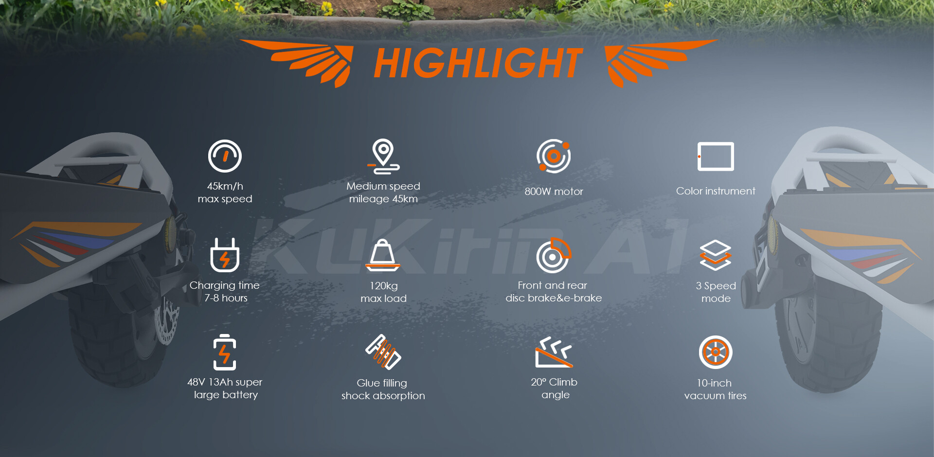 Produkthighlight-Infografik für den Elektroroller KuKirin A1 mit Funktionen wie Geschwindigkeit, Akku und Motor.