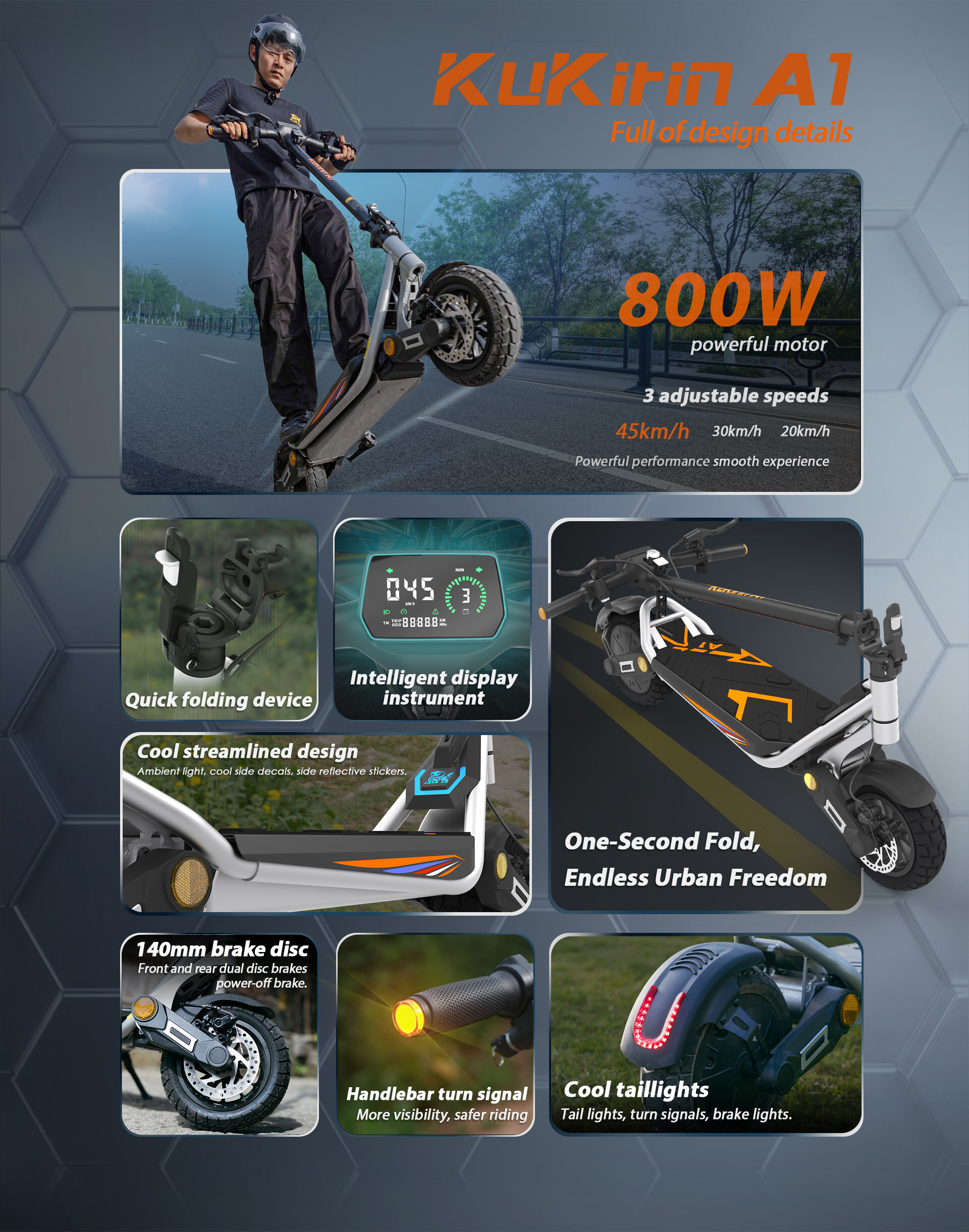 Eine Anzeige für den E-Scooter Kukirin A1 mit 800W-Motor, Display, Bremsen und Klappmechanismus.