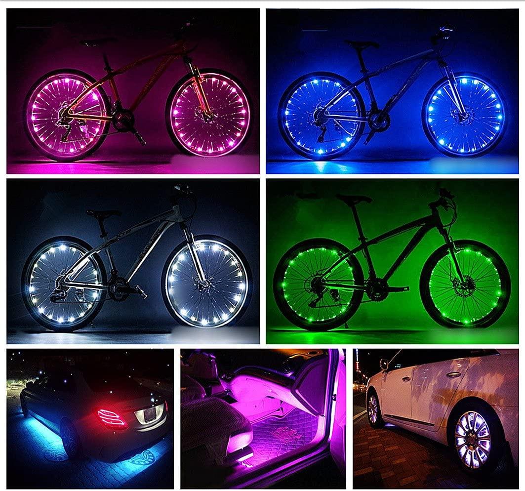 Fahrräder und Autos mit leuchtenden LED-Lichtern an Rädern und Unterboden in Pink, Blau, Weiß und Grün.