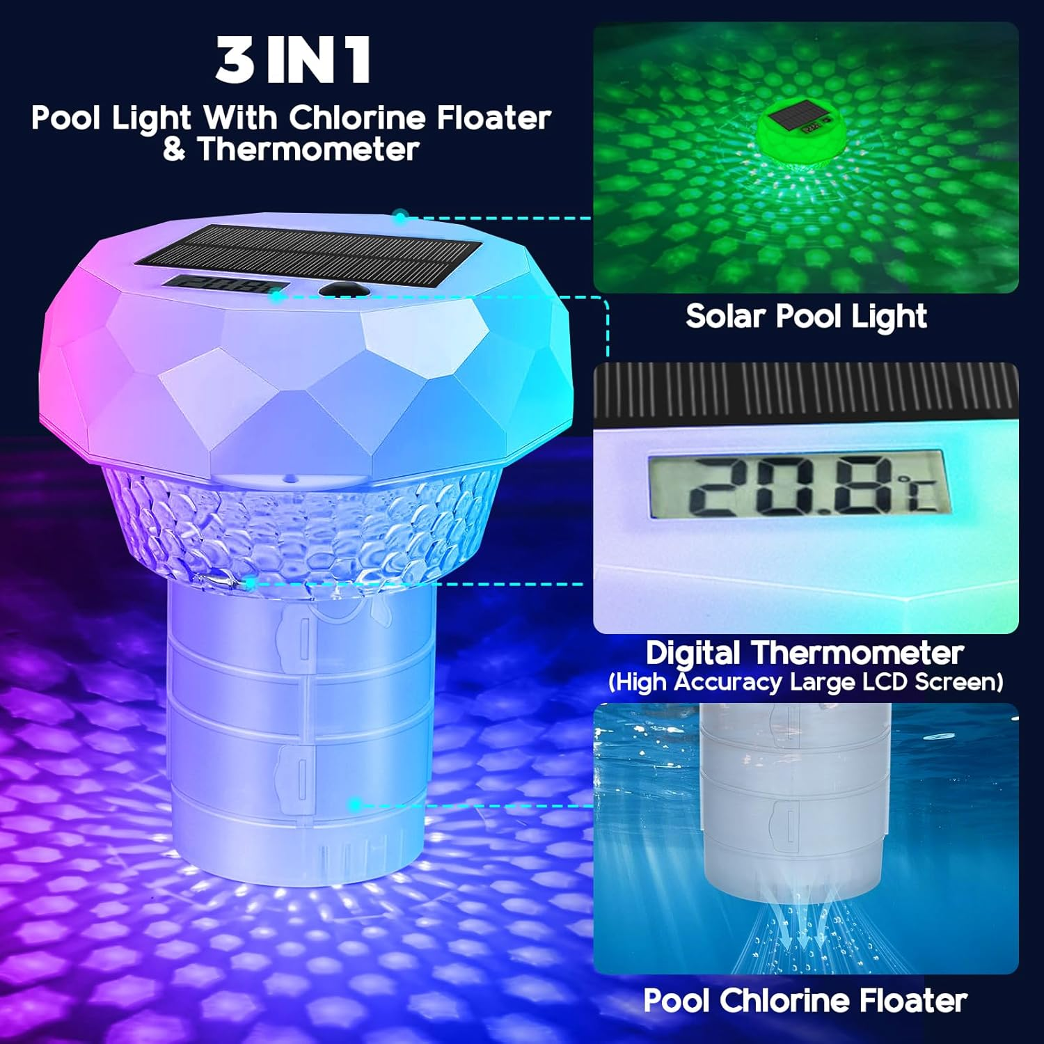 3-in-1-Pool-Licht mit Chlordosierer und Thermometer, Solarladung und digitaler Anzeige.