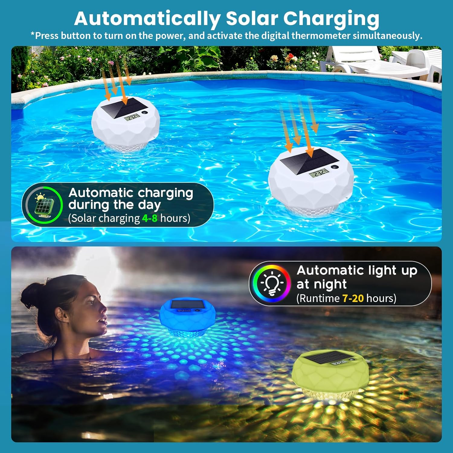 Solarbetriebene, schwimmende Poolleuchten laden tagsüber und leuchten nachts in verschiedenen Farben.