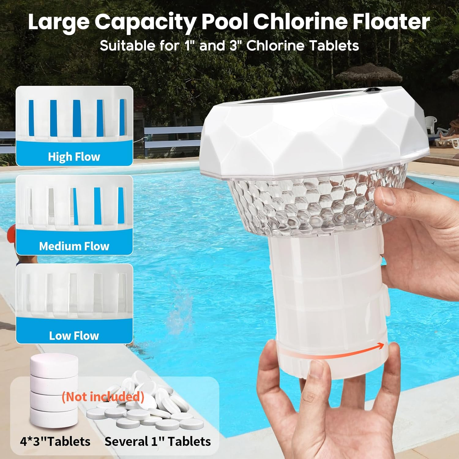 Ein weißer Pool-Chlordosierer mit Einstellern für den Fluss und Becken im Hintergrund.