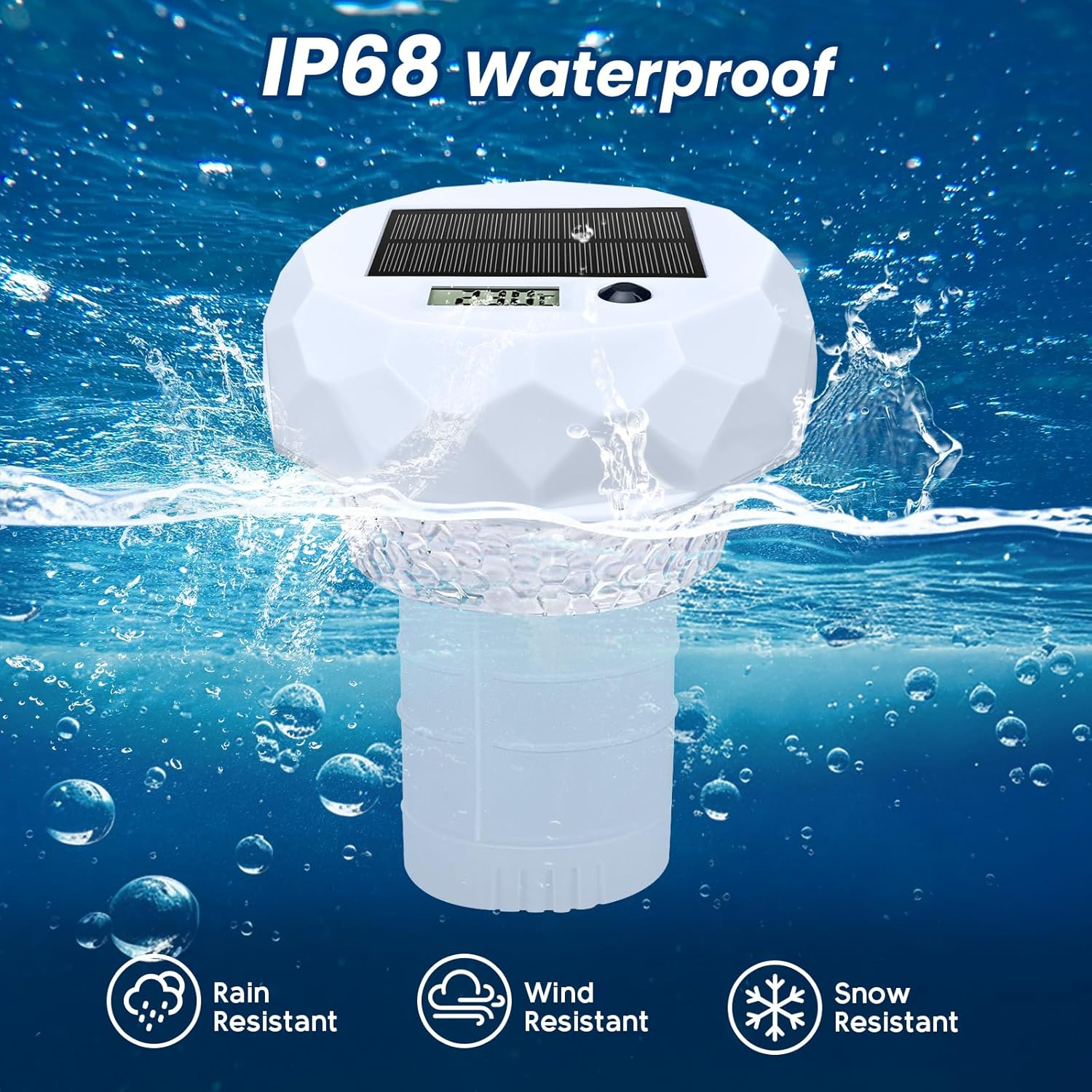Ein weißes, solarbetriebenes und IP68 wasserdichtes Gerät schwimmt im blauem Wasser, umgeben von Blasen.