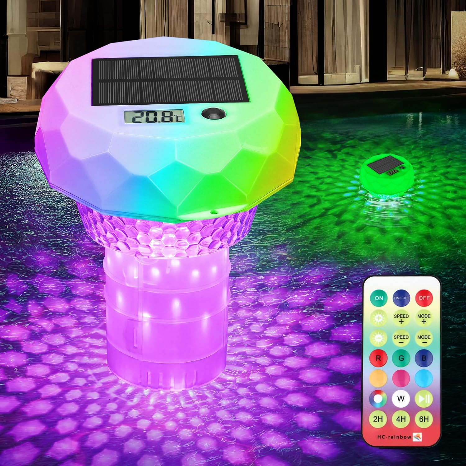 Bunte schwimmende Poolleuchte mit Solarpanel und Fernbedienung im Wasser.