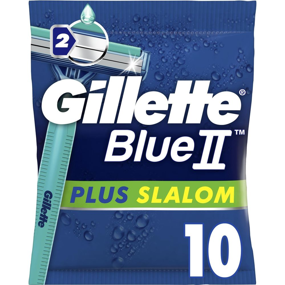Confezione di rasoi Gillette Blue II Plus Slalom in blu con gocce d'acqua e scritta.