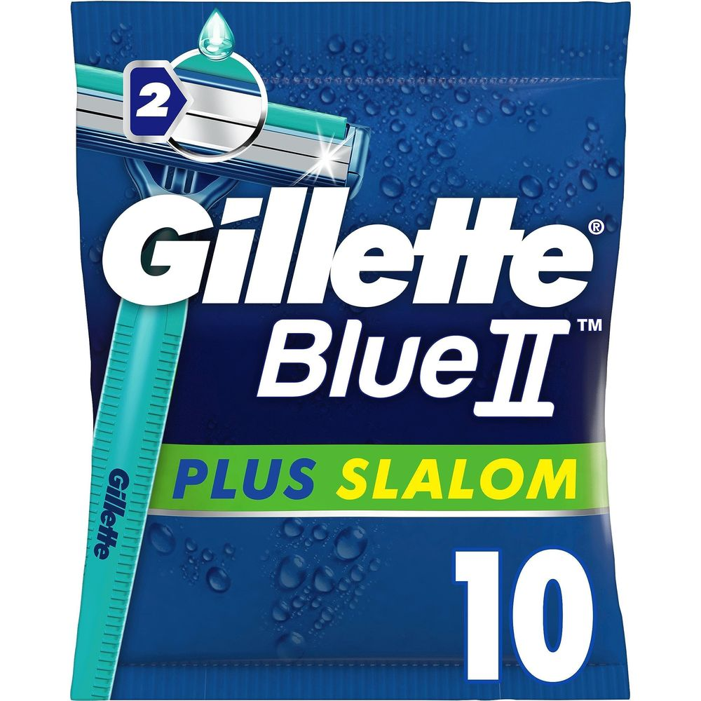 Confezione di rasoio Gillette Blue II in blu con gocce d'acqua.