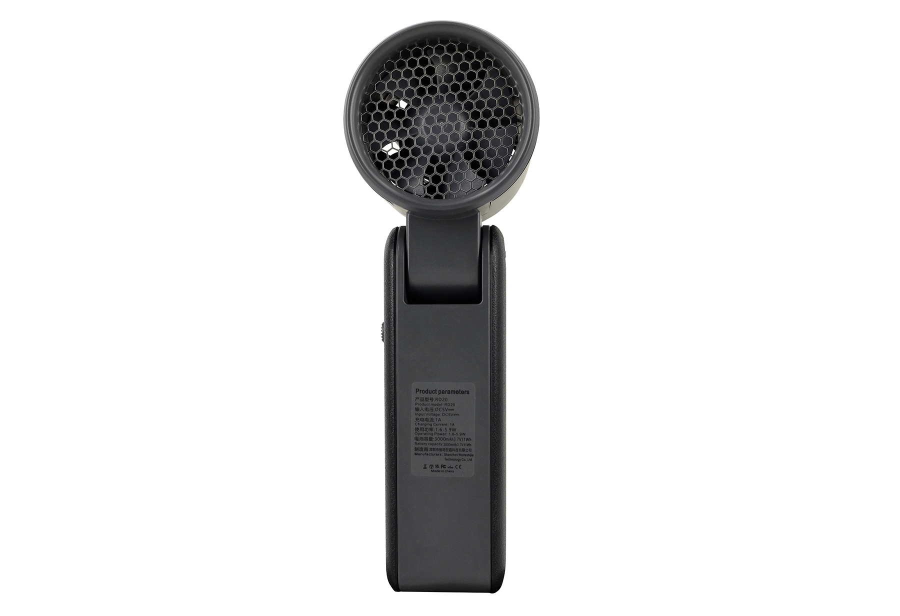 Ein tragbarer schwarzer Handventilator mit einem wabenförmigen Schutzgitter und technischen Daten auf dem Griff.