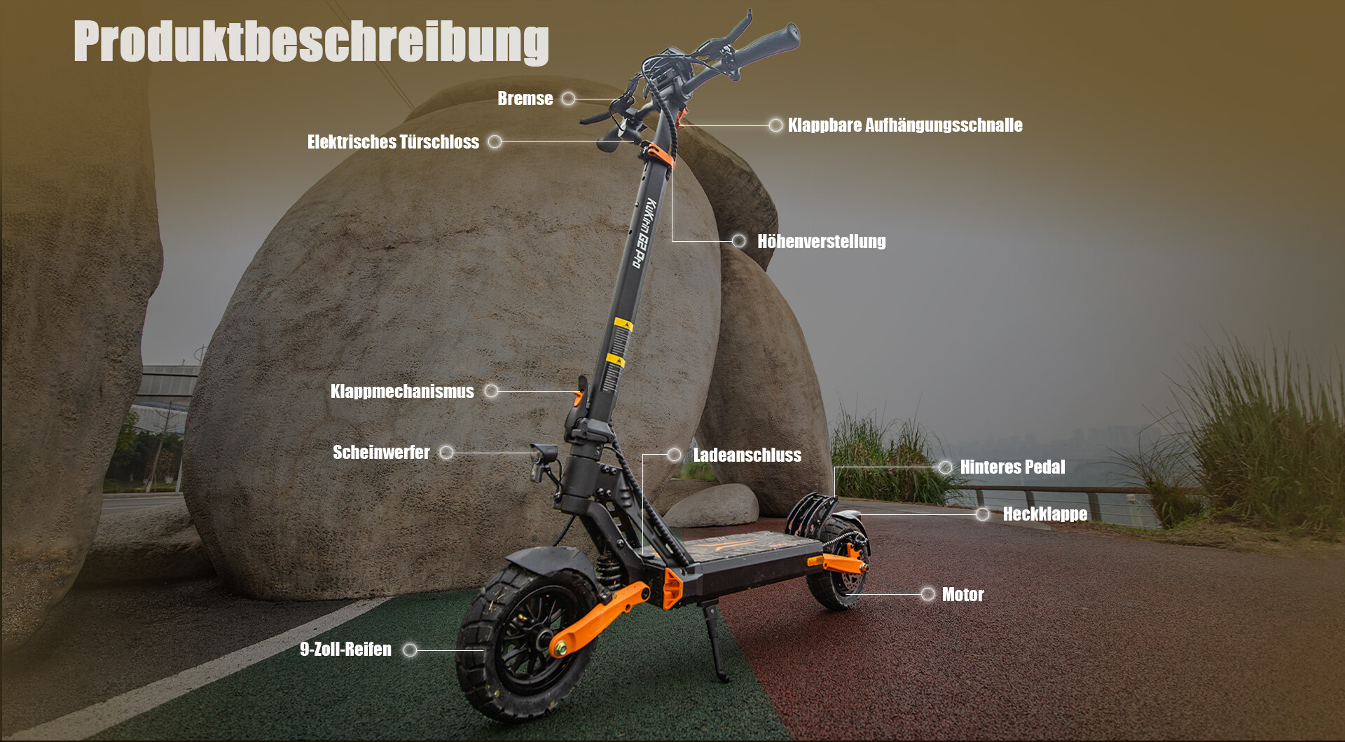Ein Elektroroller steht draußen auf einem Weg, mit deutschen Beschriftungen seiner verschiedenen Teile.