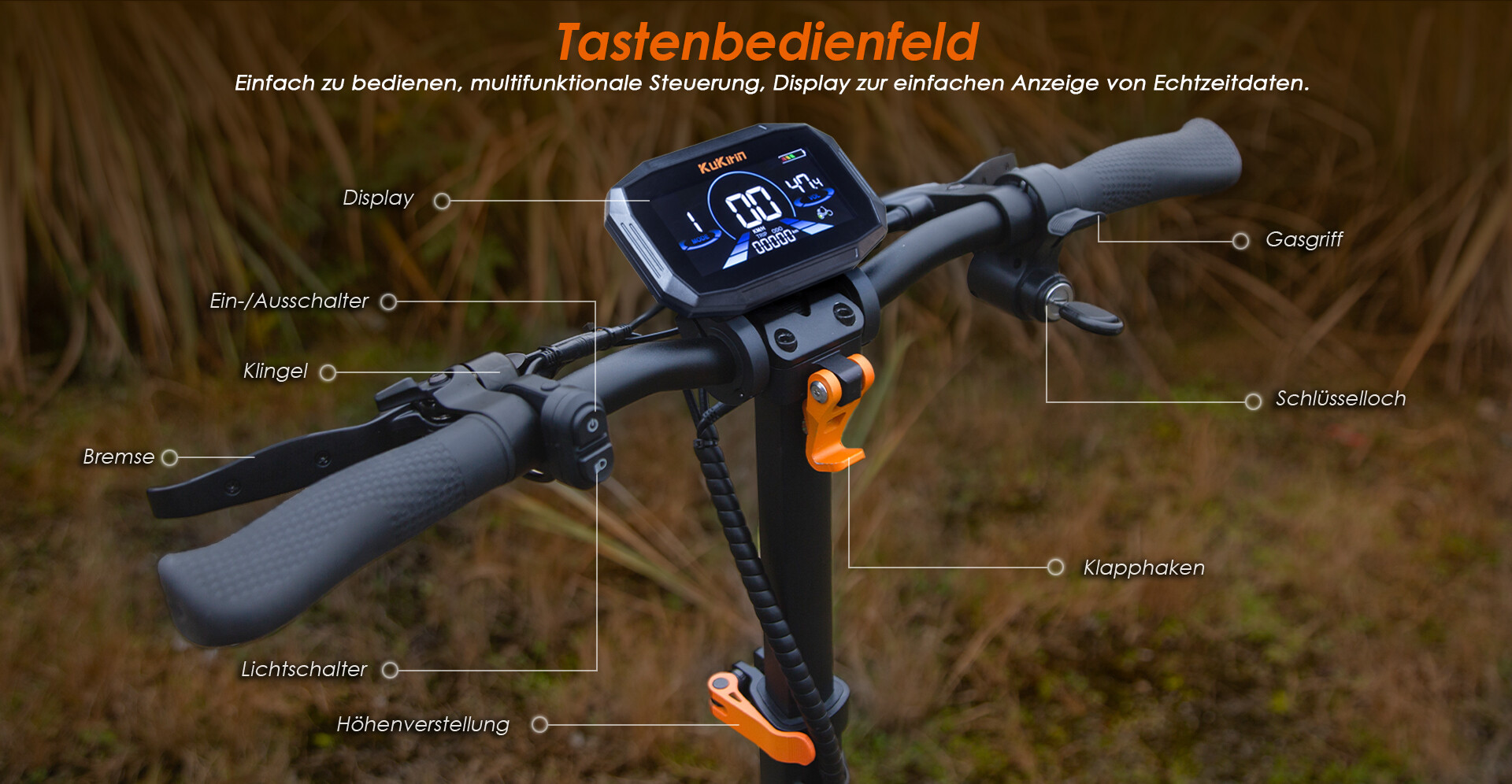 E-Scooter-Lenker mit digitalem Display, Gashebel, Bremshebel und beschrifteten Bedienelementen vor verschwommenem Hintergrund.