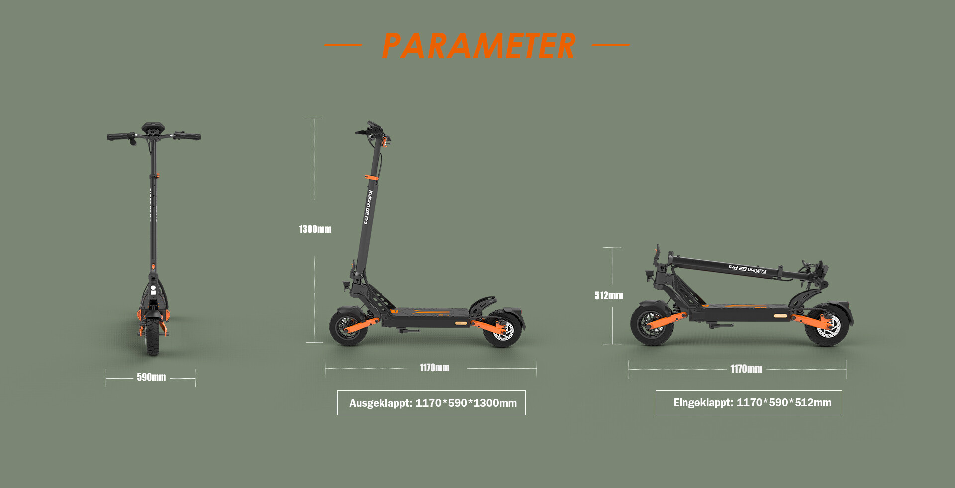 Technische Zeichnung mit Maßen eines schwarzen E-Scooters.