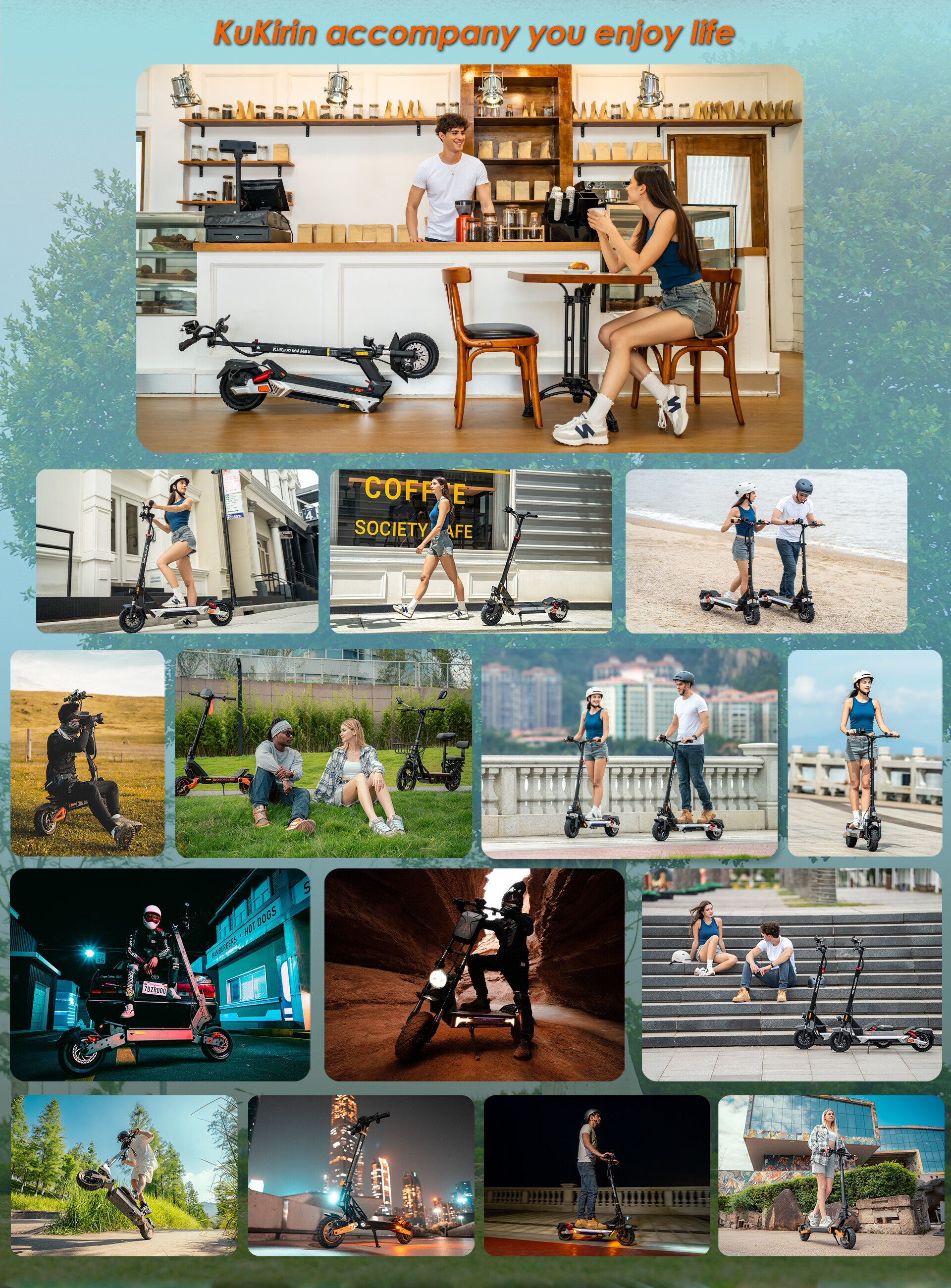 Collage di persone che guidano e posano con monopattini elettrici in vari ambienti urbani e naturali.