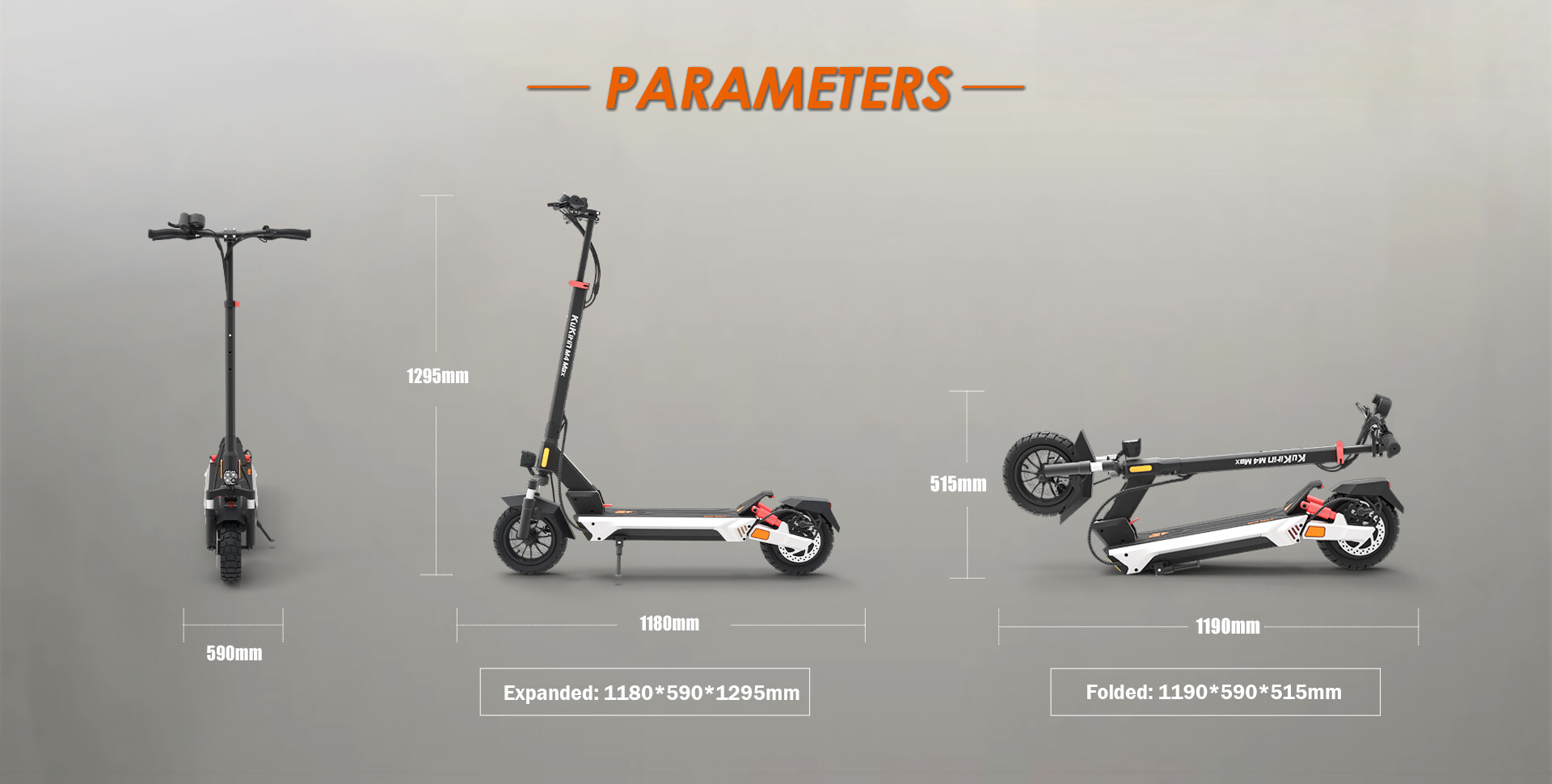 Il diagramma mostra le dimensioni di un monopattino elettrico aperto e chiuso.