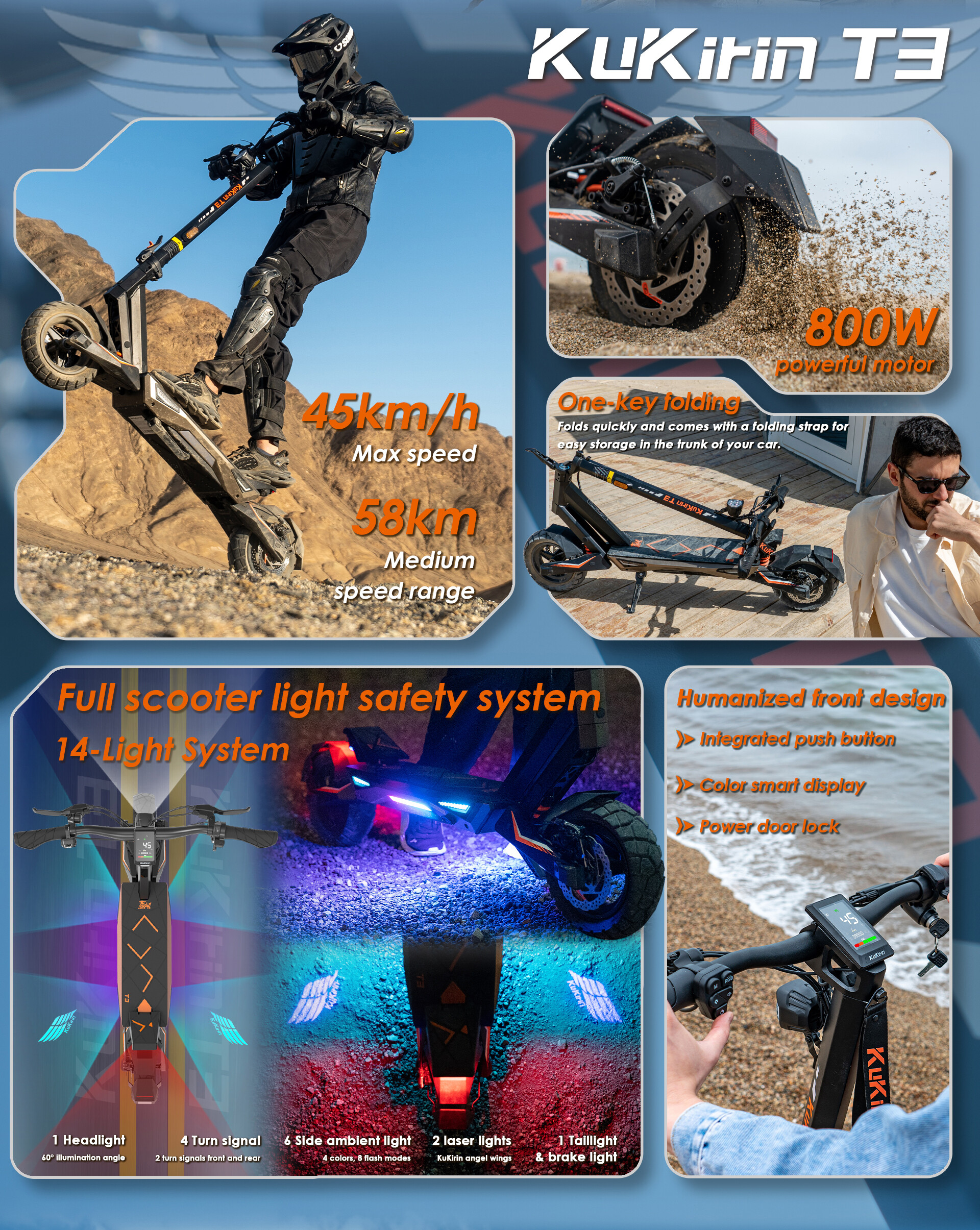 Werbeplakat für KuKirin T3 E-Scooter mit Spezifikationen, Beleuchtung und Faltfunktion.
