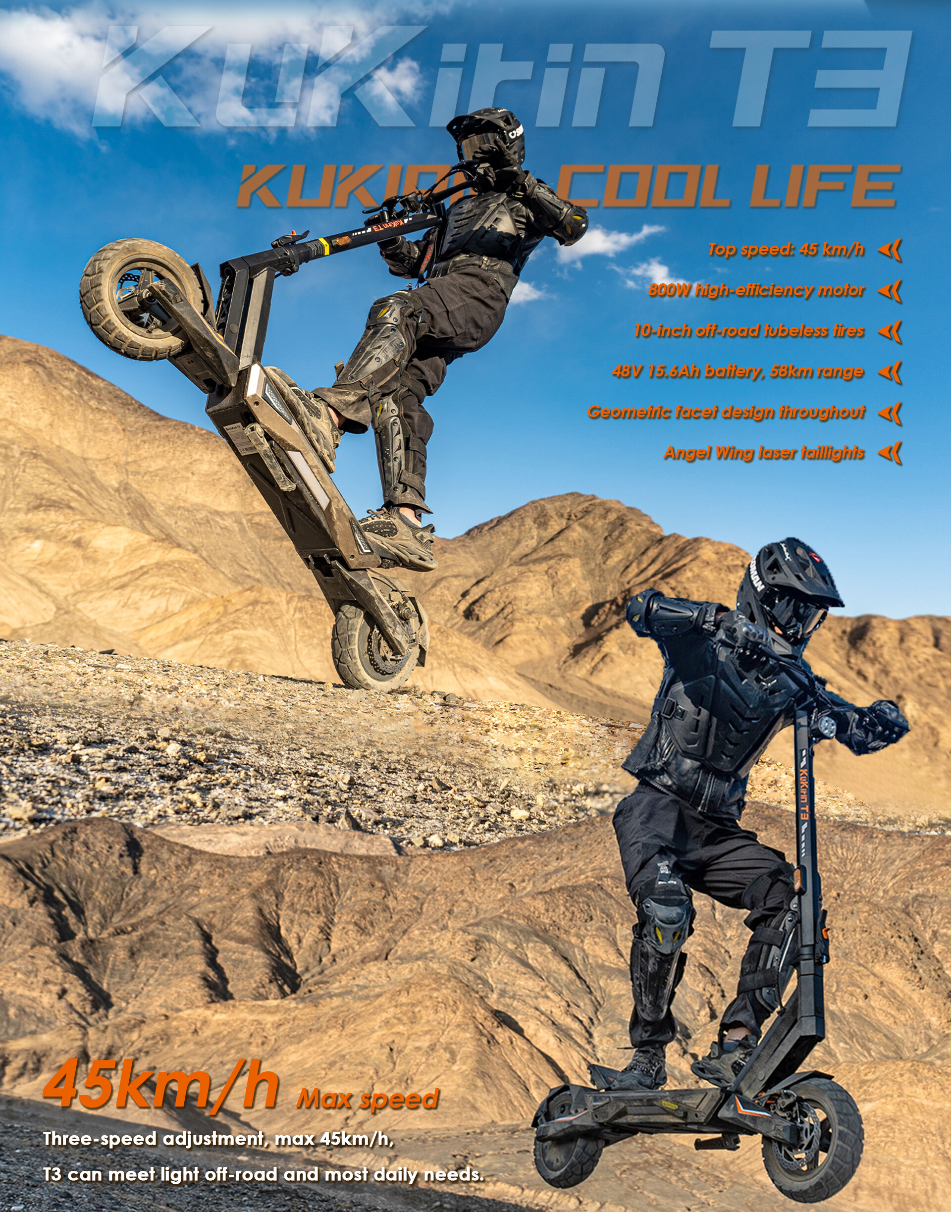 Ein Fahrer in Schutzkleidung führt mit einem elektrischen Offroad-Scooter in bergiger Landschaft einen Stunt vor.