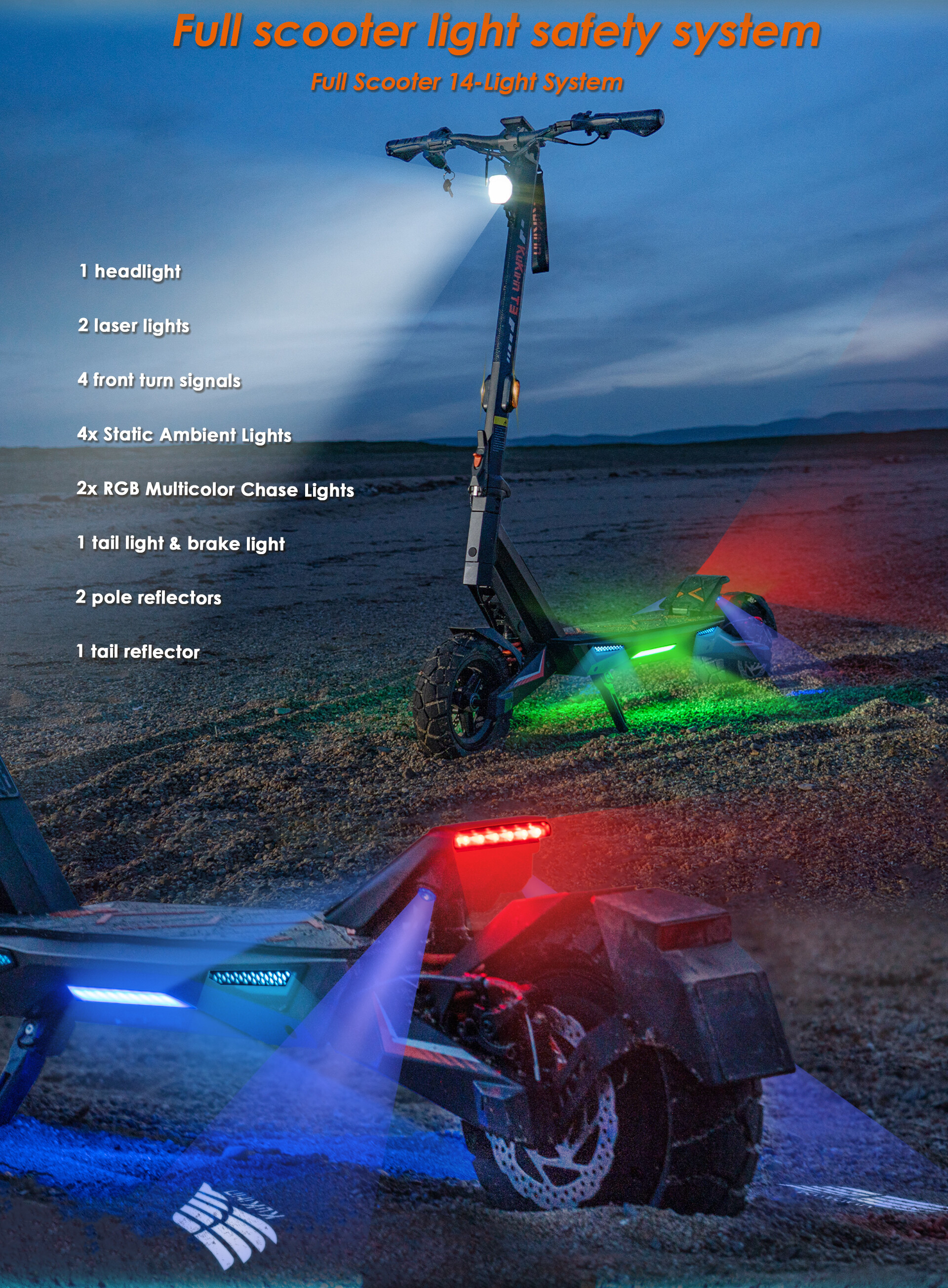 E-Scooter im Freien bei Dämmerung mit eingeschalteten Lichtern und Lasern für verbesserte Sicherheit.