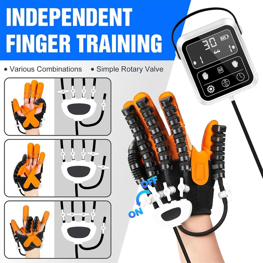 Ein Produkt für unabhängiges Fingertraining mit Handschuh, Kontrollgerät und Ventilabbildungen.