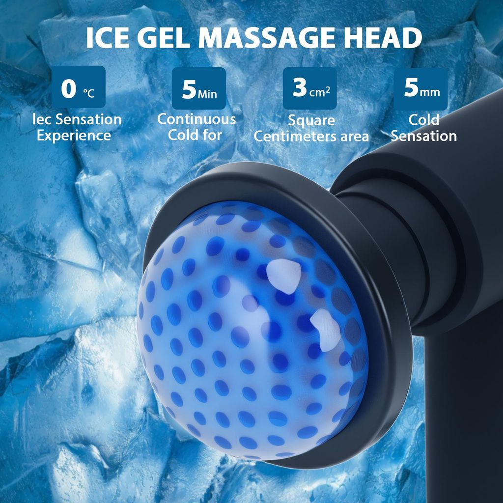 Eis-Gel-Massagekopf mit blauer Kugel, 0 Grad Celsius und Kühleffekt vor blauem Eisgrund.